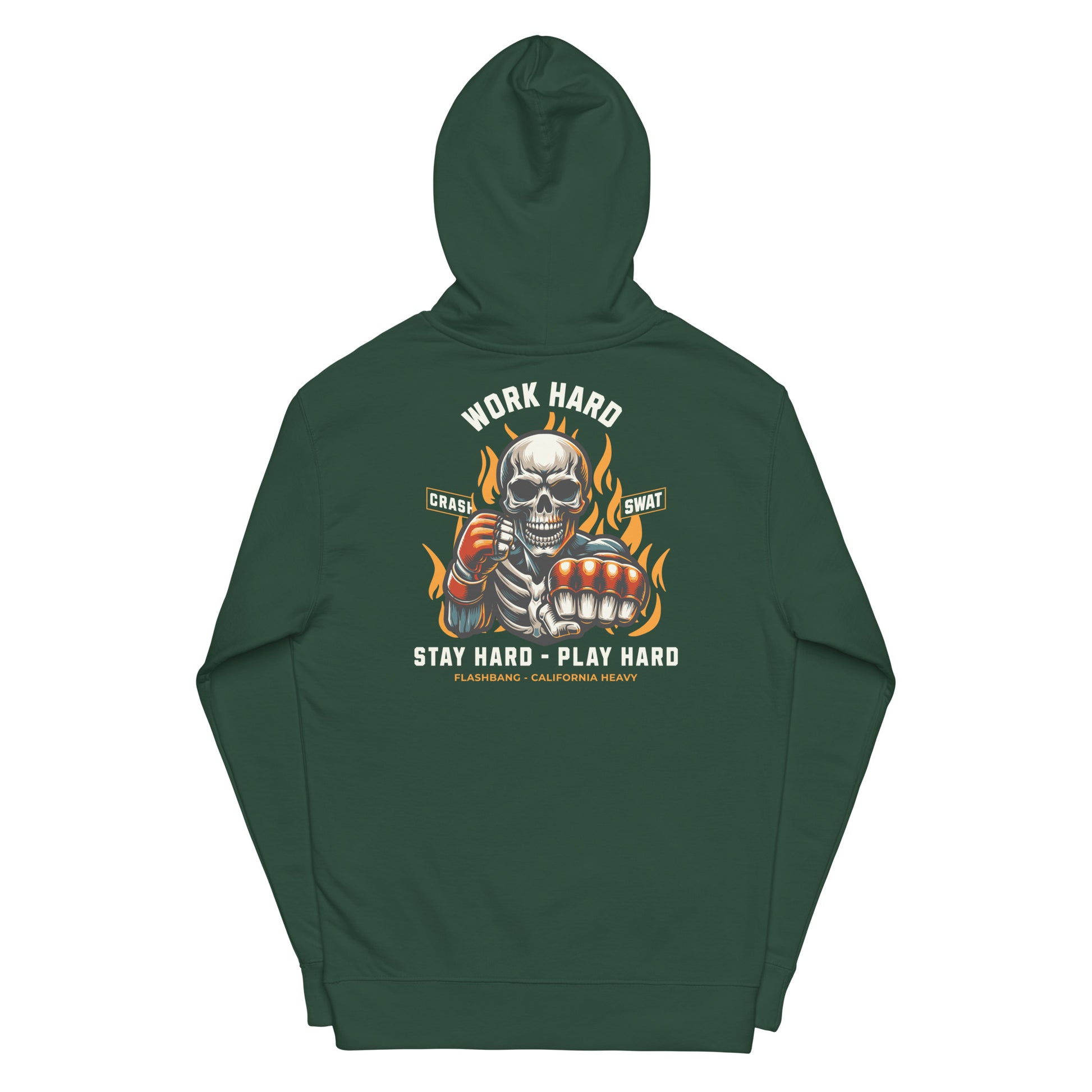 Green hoodie with a skull graphic and text on the back against a white background