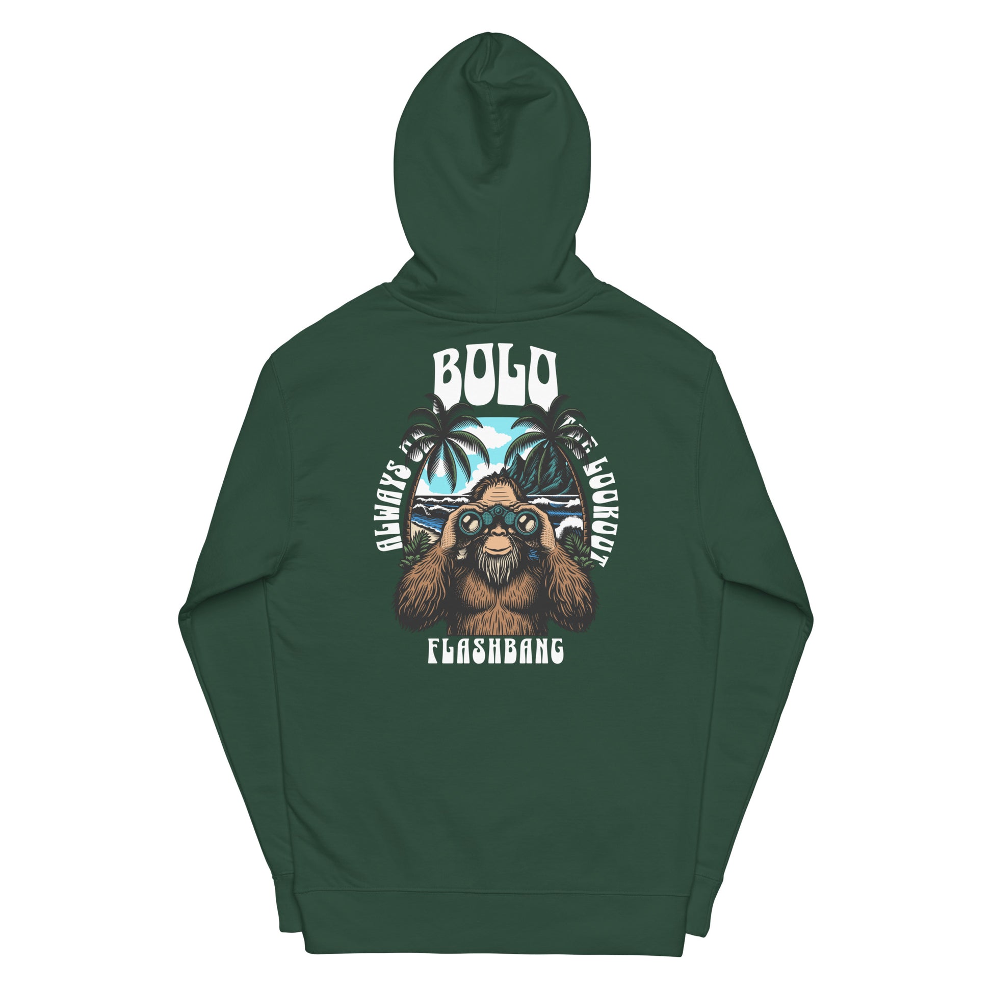 Green hoodie with a bear graphic and text on the back against a white background