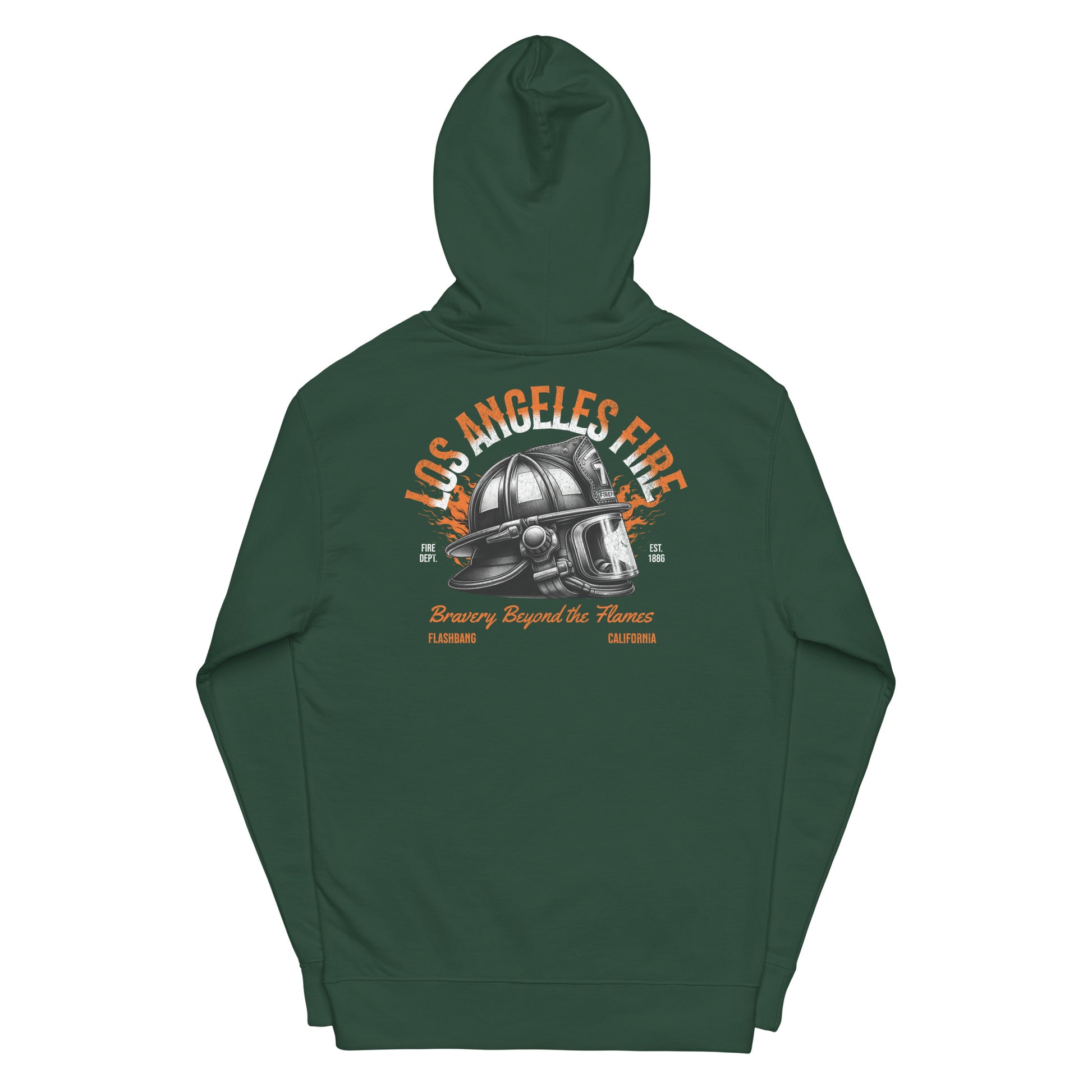 Green hoodie with 'Los Angeles Fire' graphic on a white background