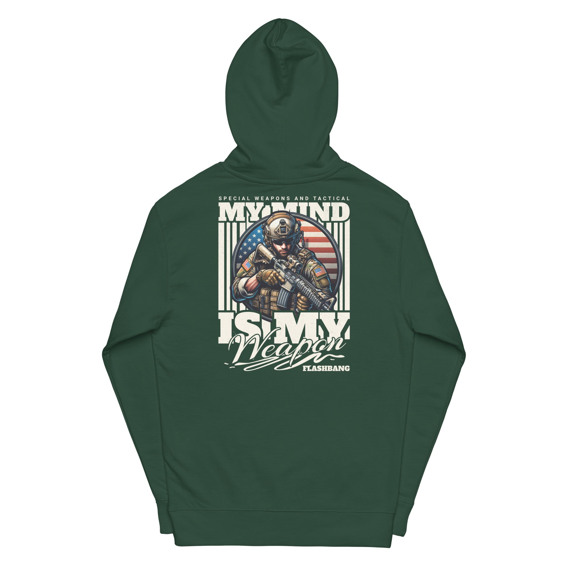 Green hoodie with a graphic design on the back featuring an American flag and text.