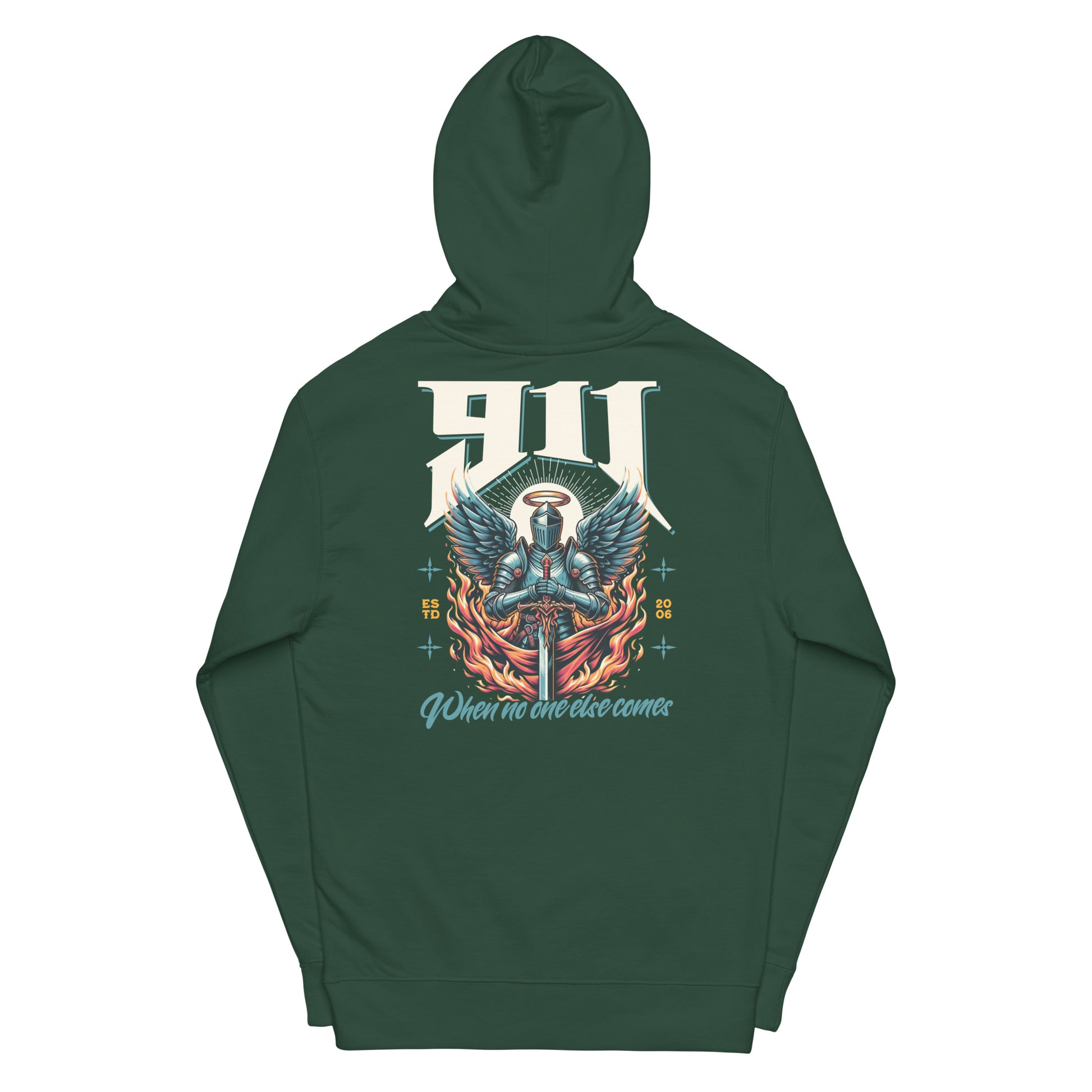 Green hoodie with a colorful graphic design on the back against a white background