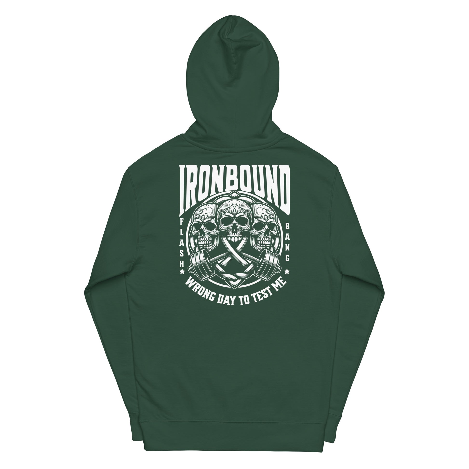 Green hoodie with skull and crossbones design on a white background