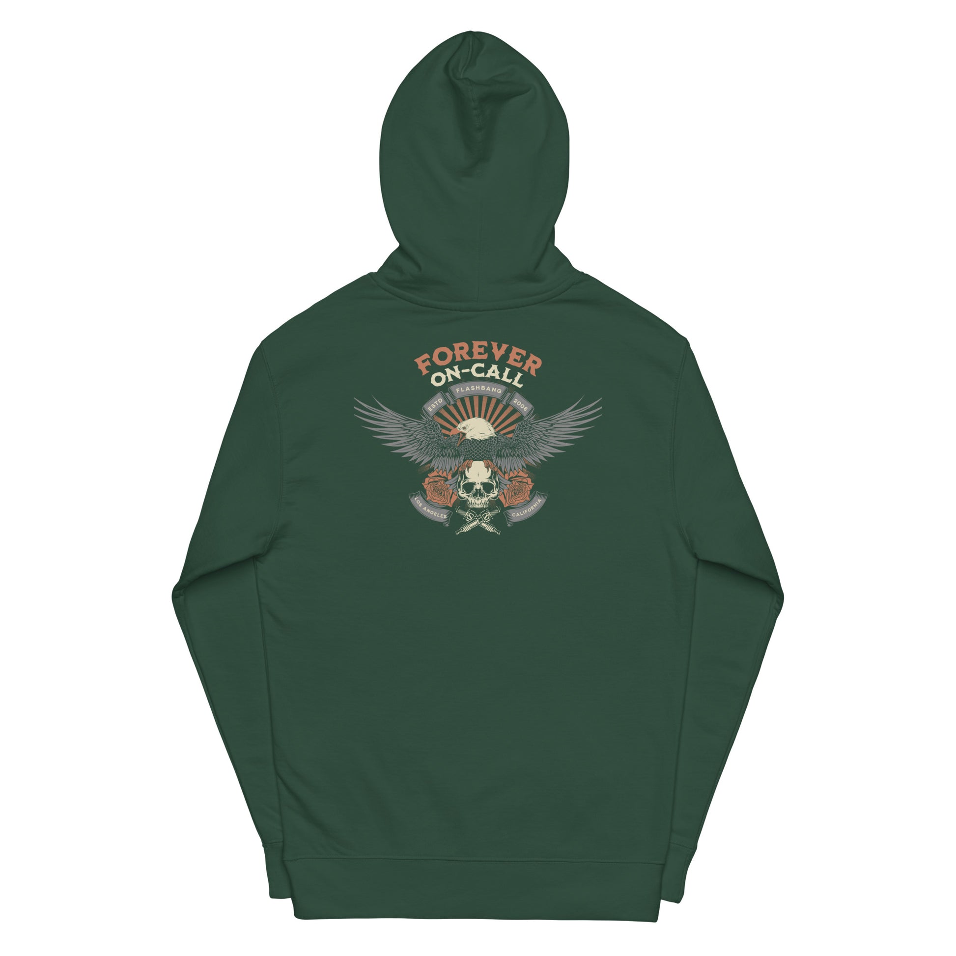 Green hoodie with a skull and wings design on the back against a white background