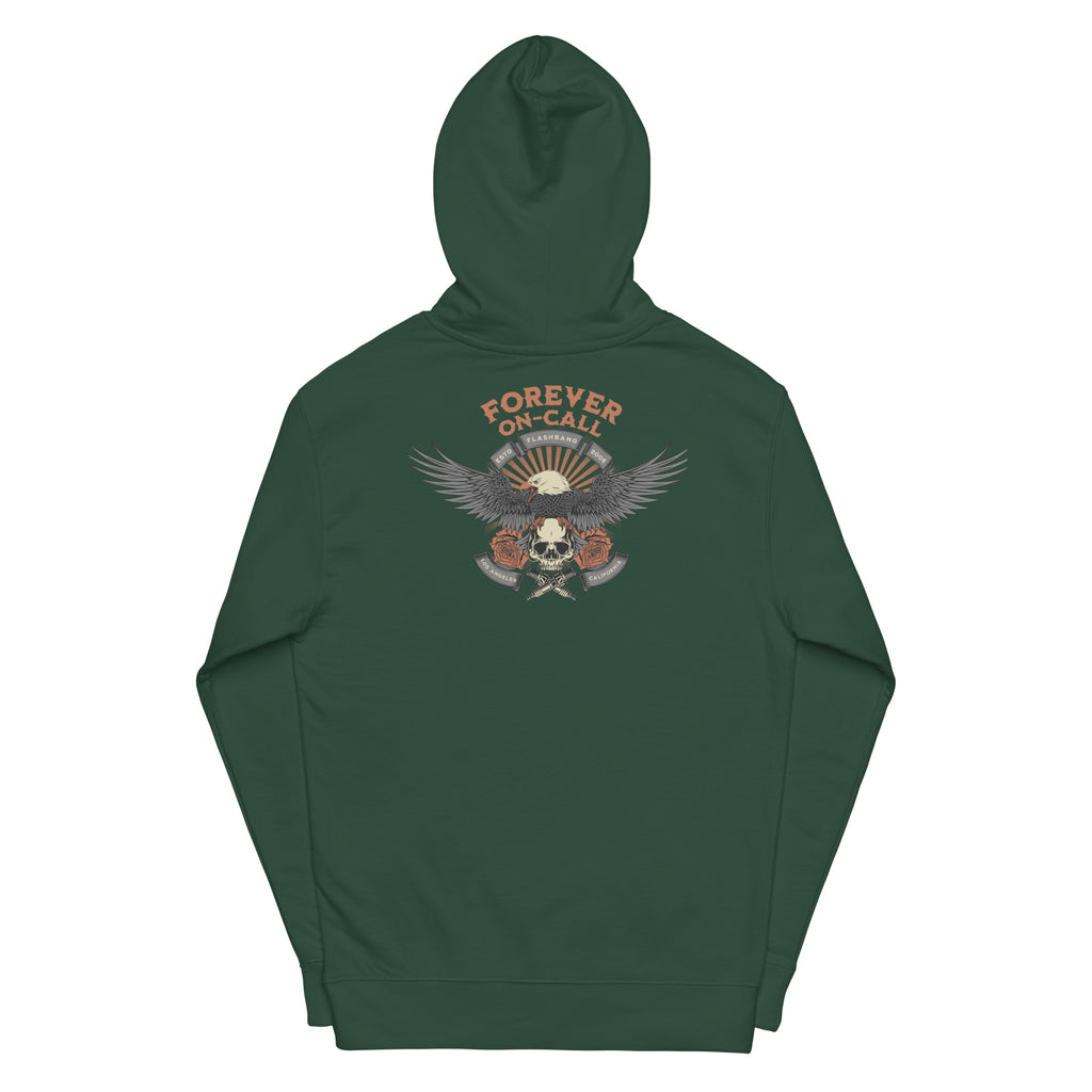 Green hoodie with a graphic design on the back against a white background