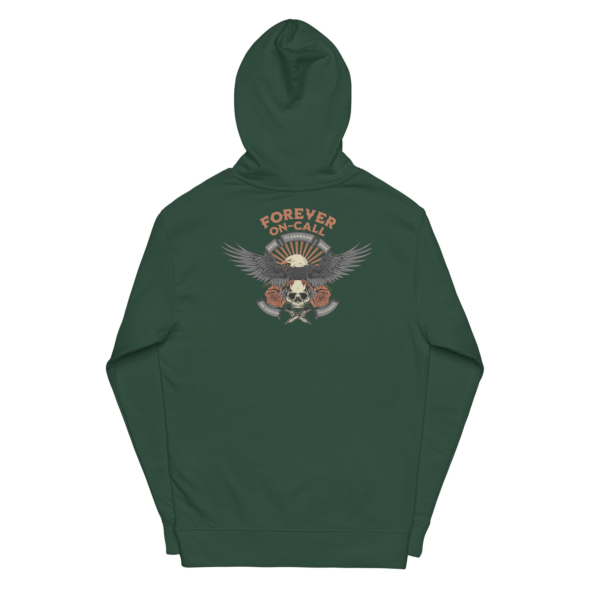 Green hoodie with a graphic design on the back against a white background