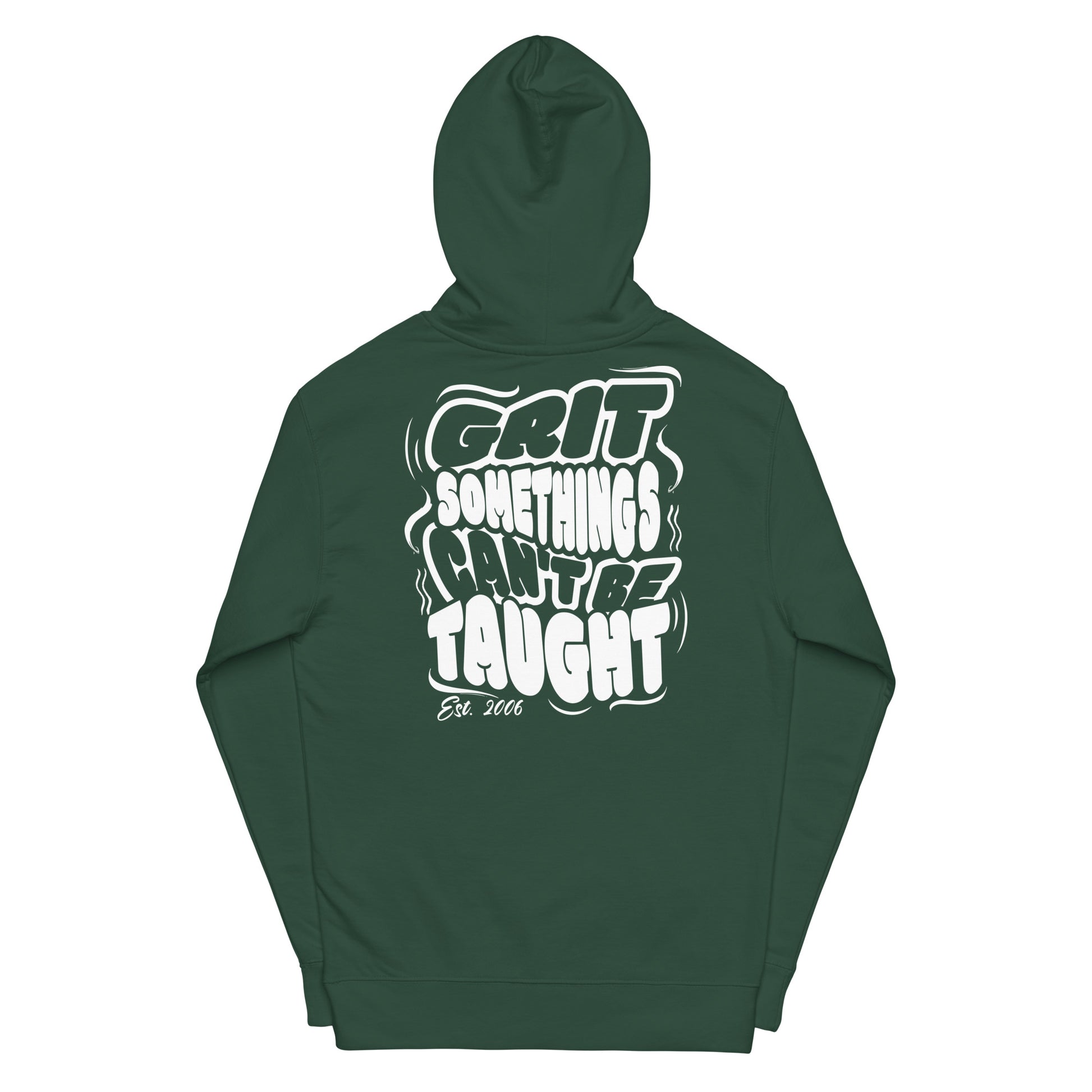Green hoodie with white text on a white background