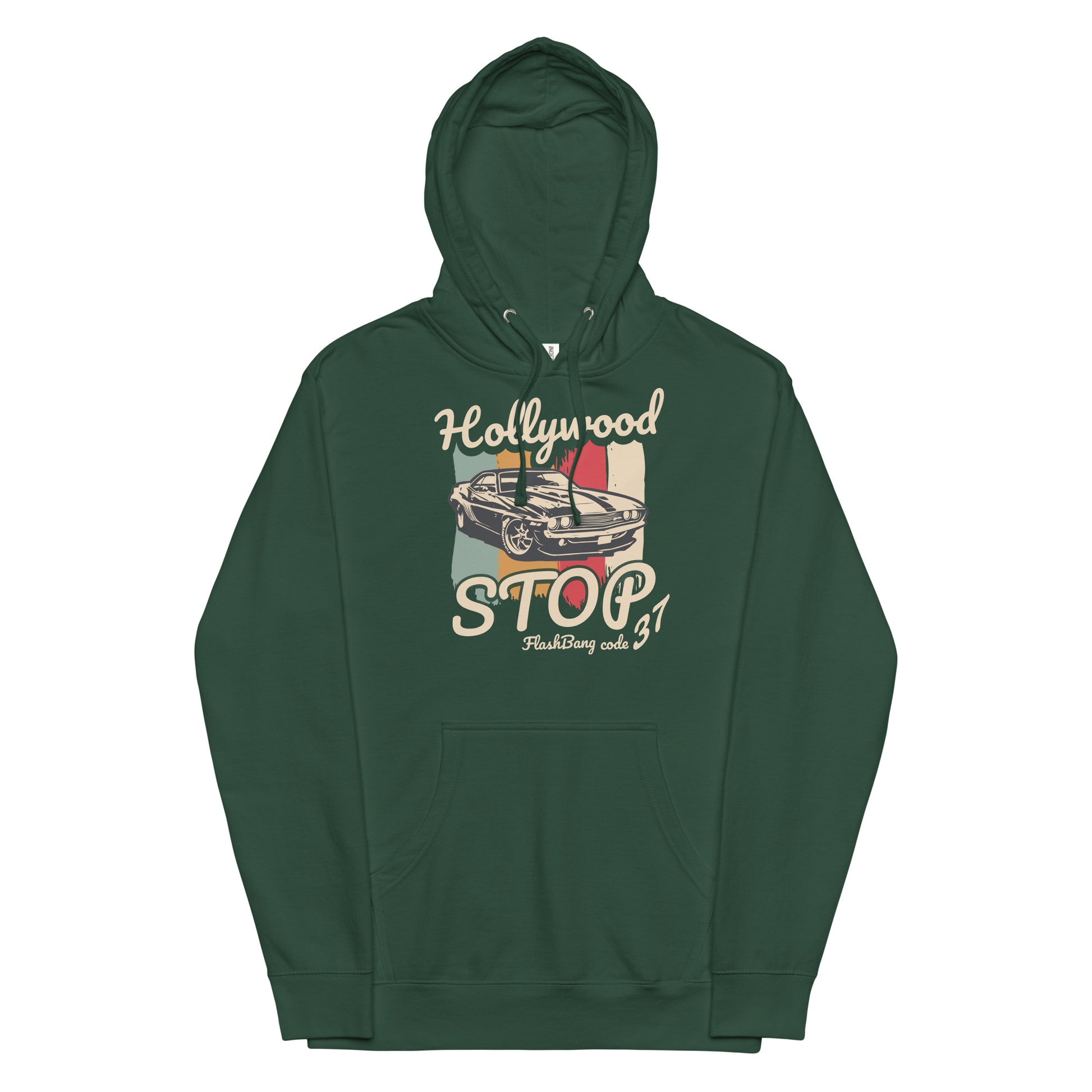 Green hoodie with a graphic design on a white background