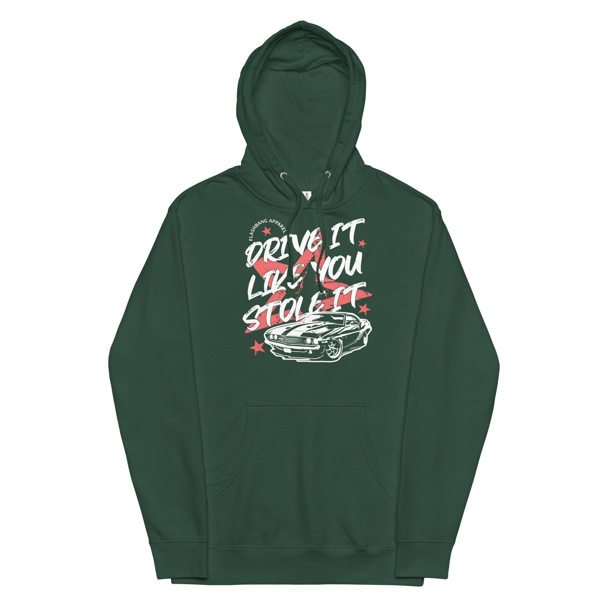 Green hoodie with graphic design and text on a white background