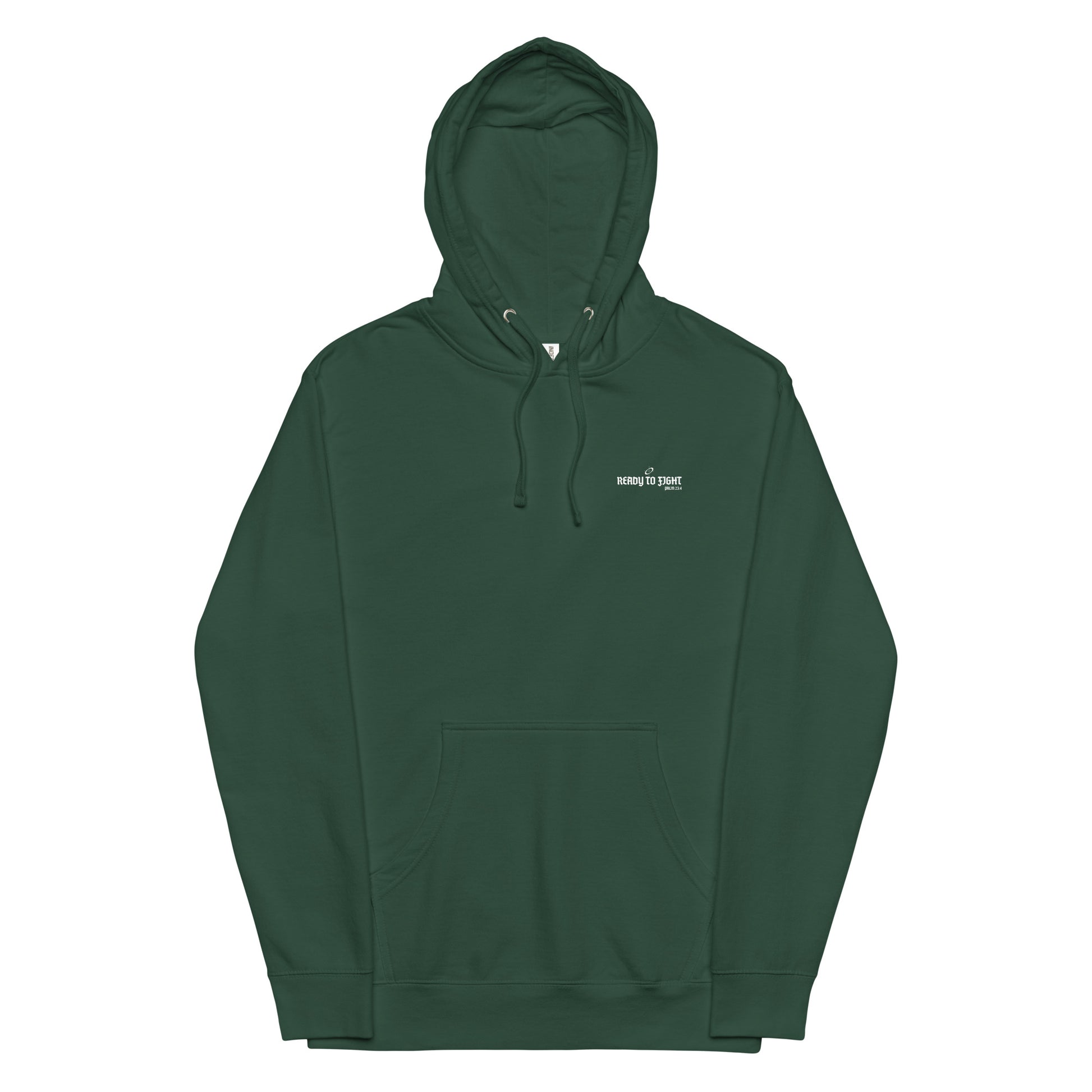 Green hoodie with a small white logo on a white background