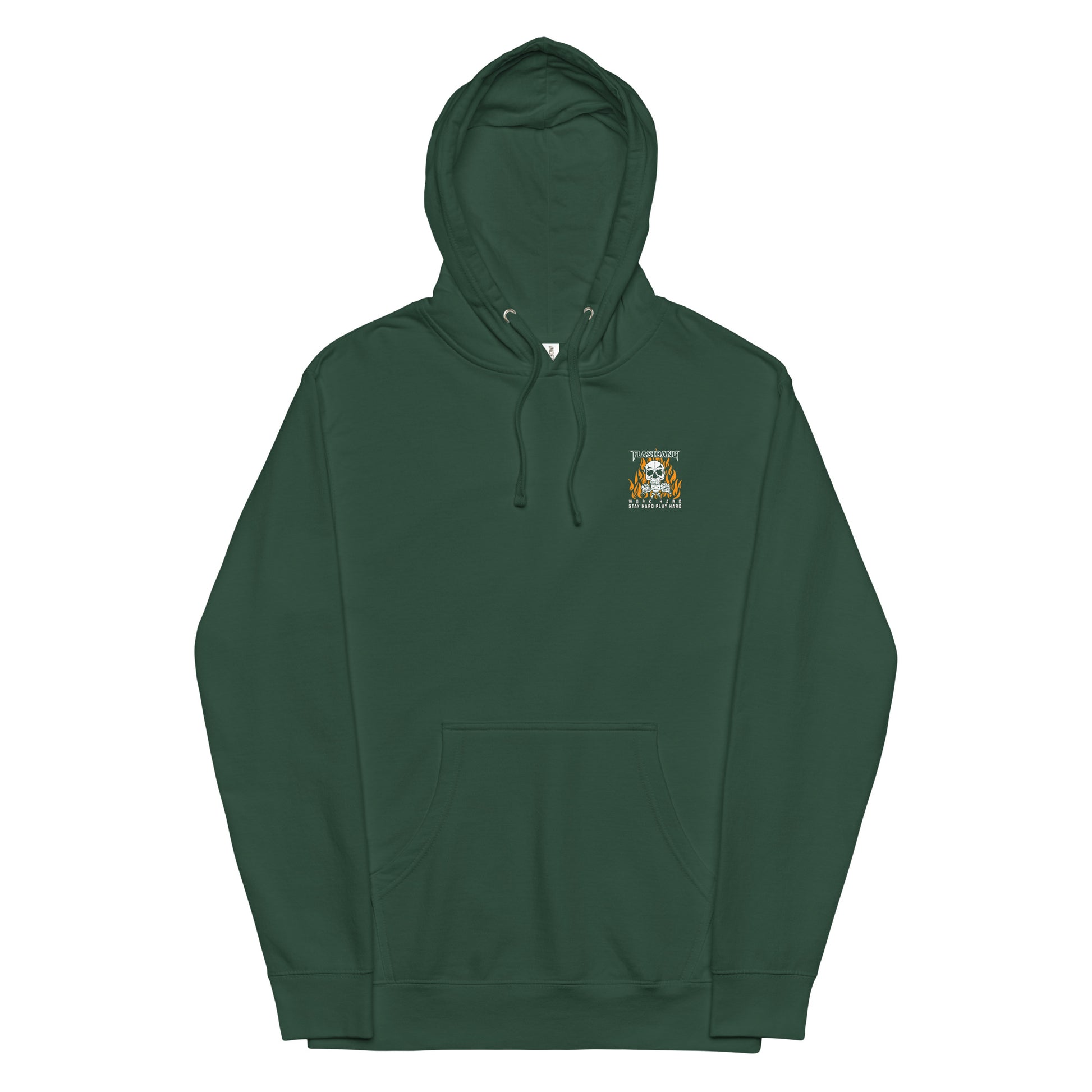 Green hoodie with a small logo on the chest against a white background