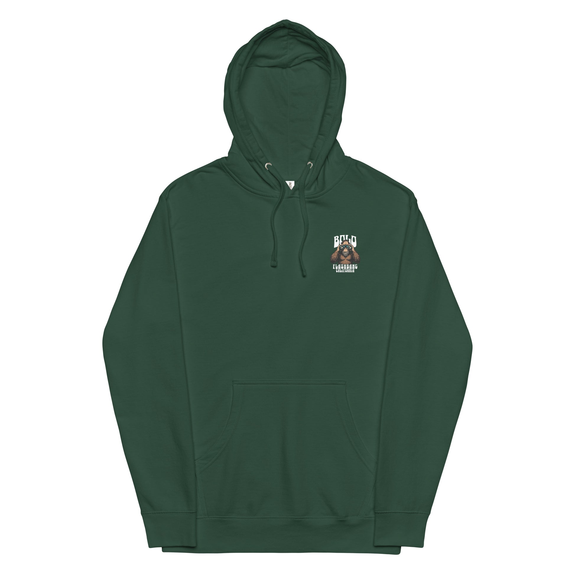 Green hoodie with a small logo on the chest against a white background