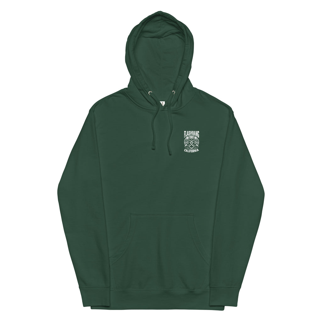 Green hoodie with a small white logo on the chest against a white background