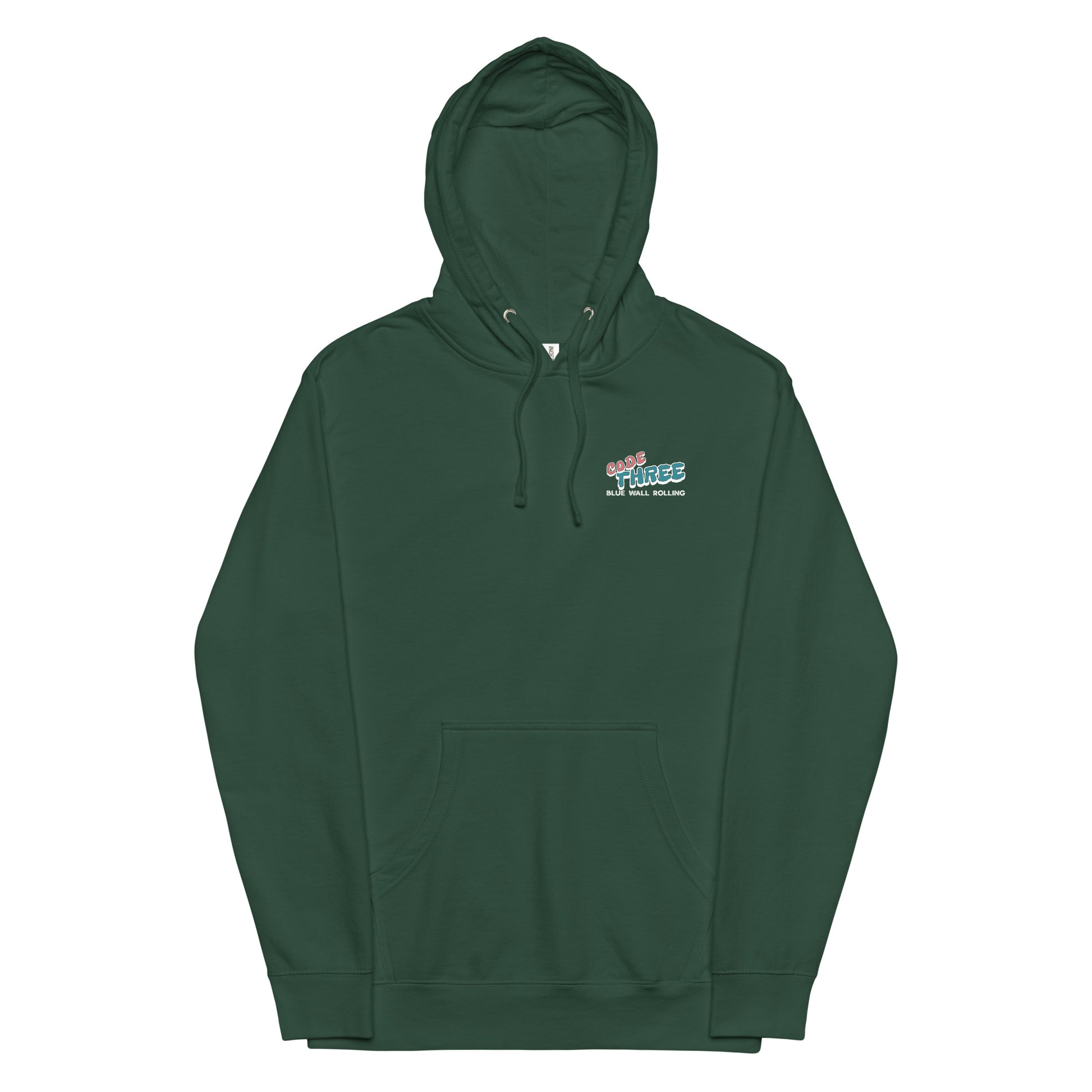 Green hoodie with a logo on the chest against a white background