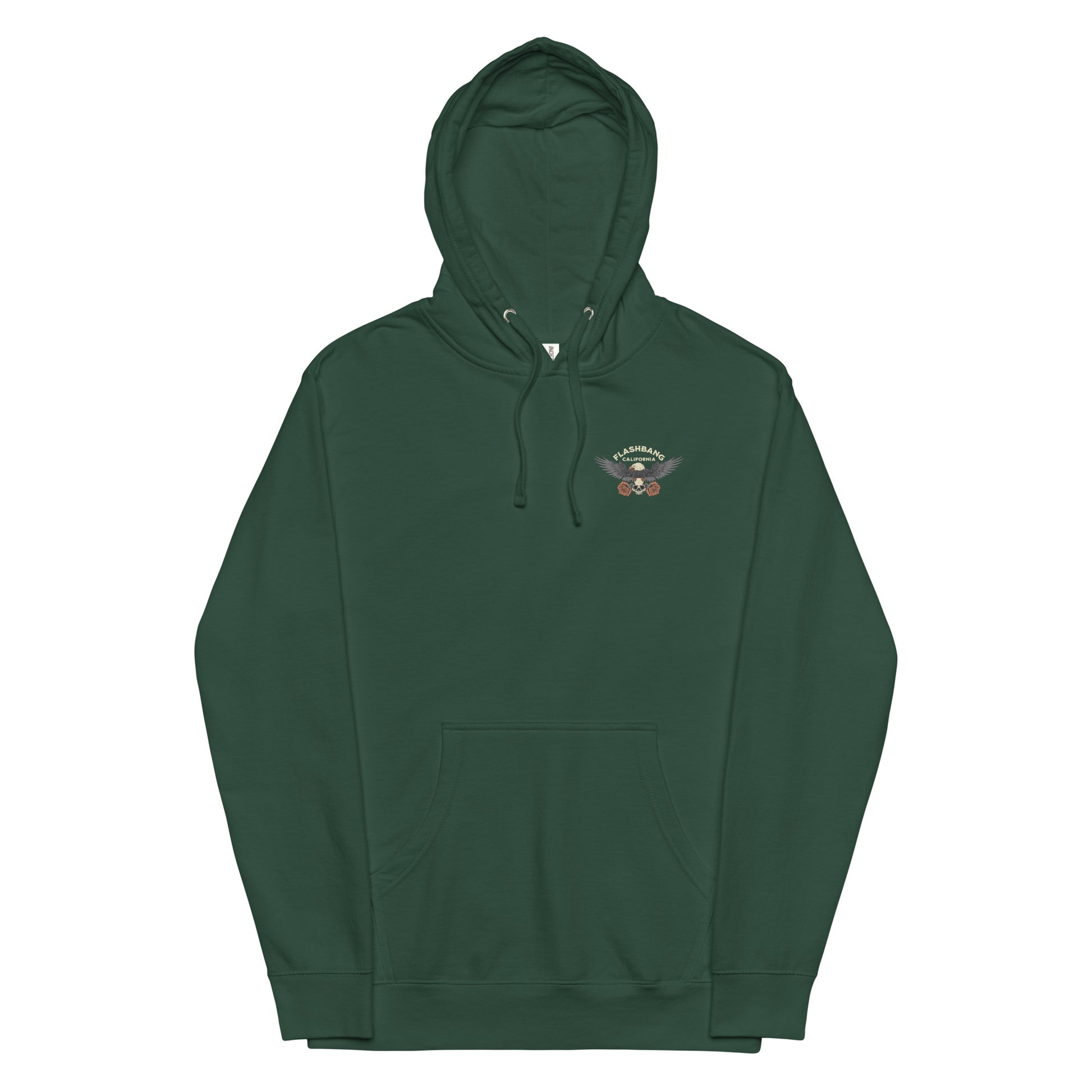 Green hoodie with a small logo on the chest against a white background