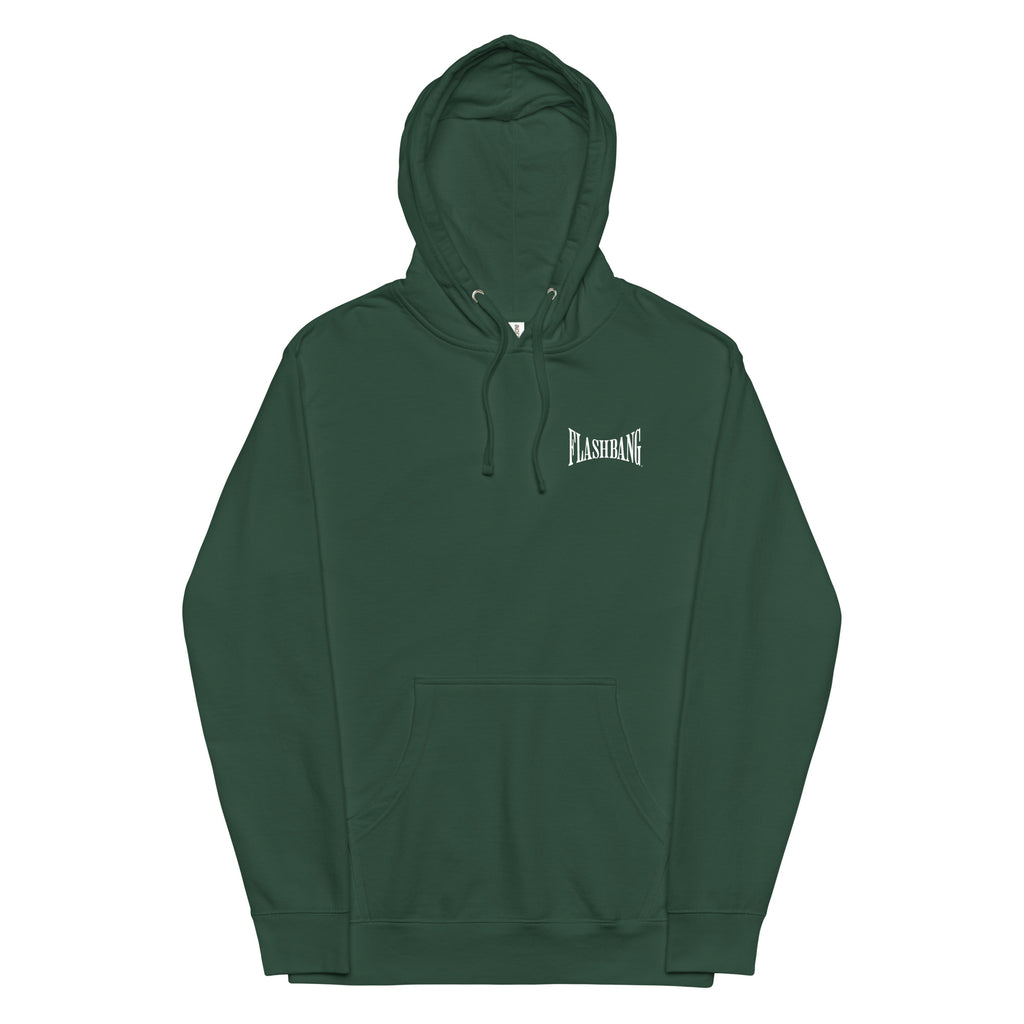 Green hoodie with a brand logo on a white background