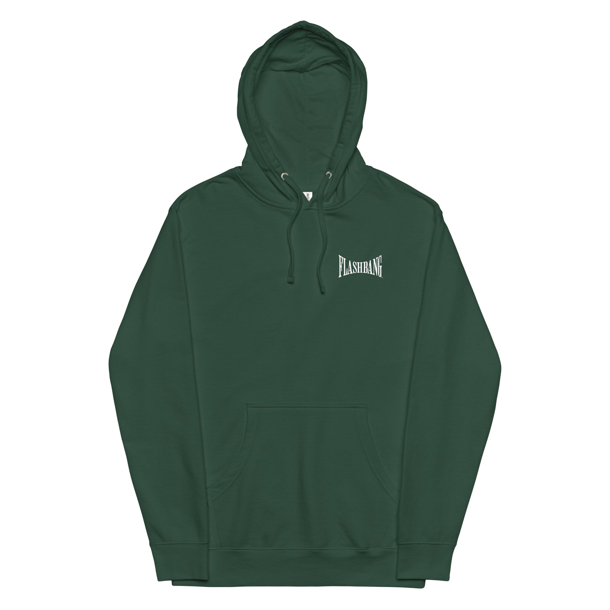 Green hoodie with a brand logo on a white background