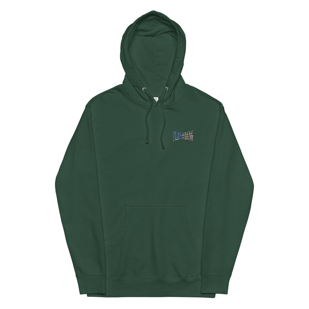 Green hoodie with a small logo on the chest against a white background