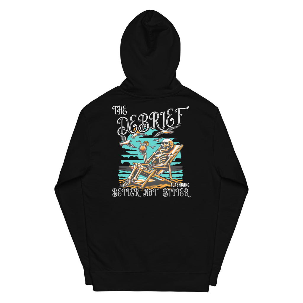 Black hoodie with skeleton design and text on the back against a white background