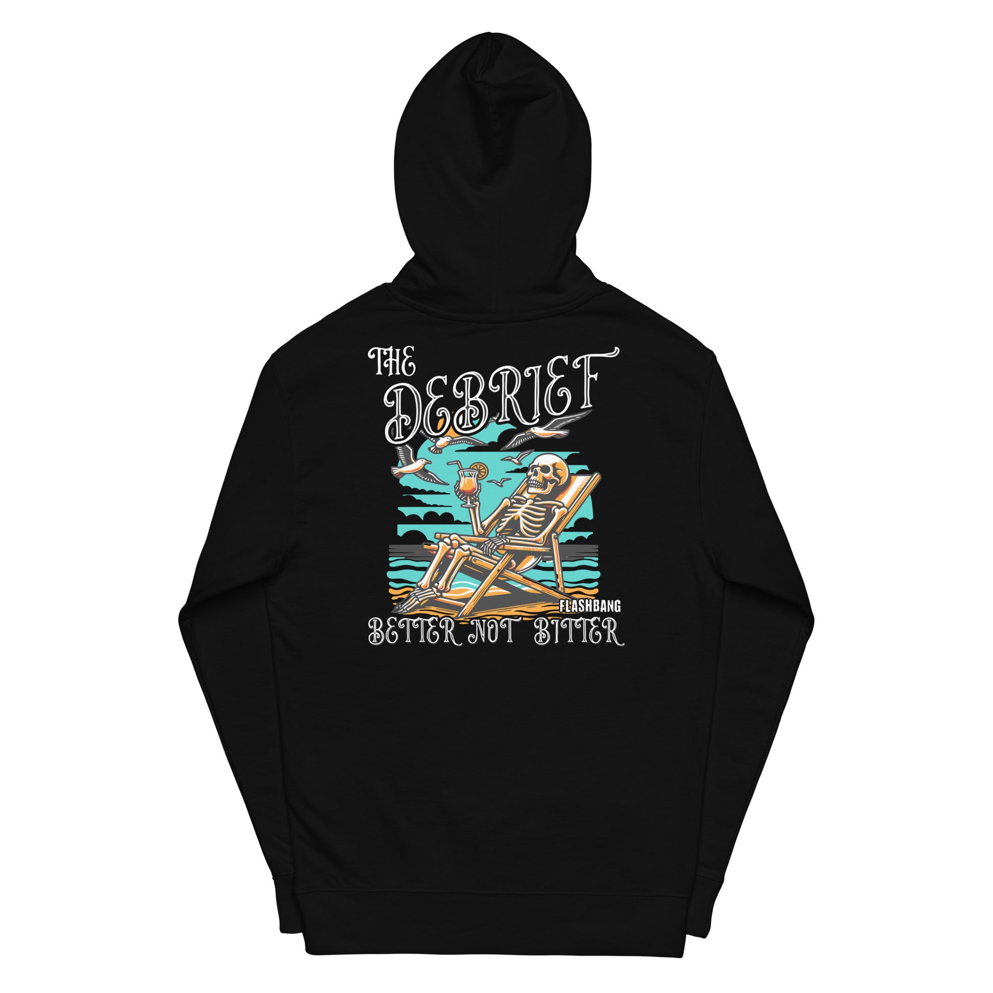 Black hoodie with skeleton design and text on the back against a white background