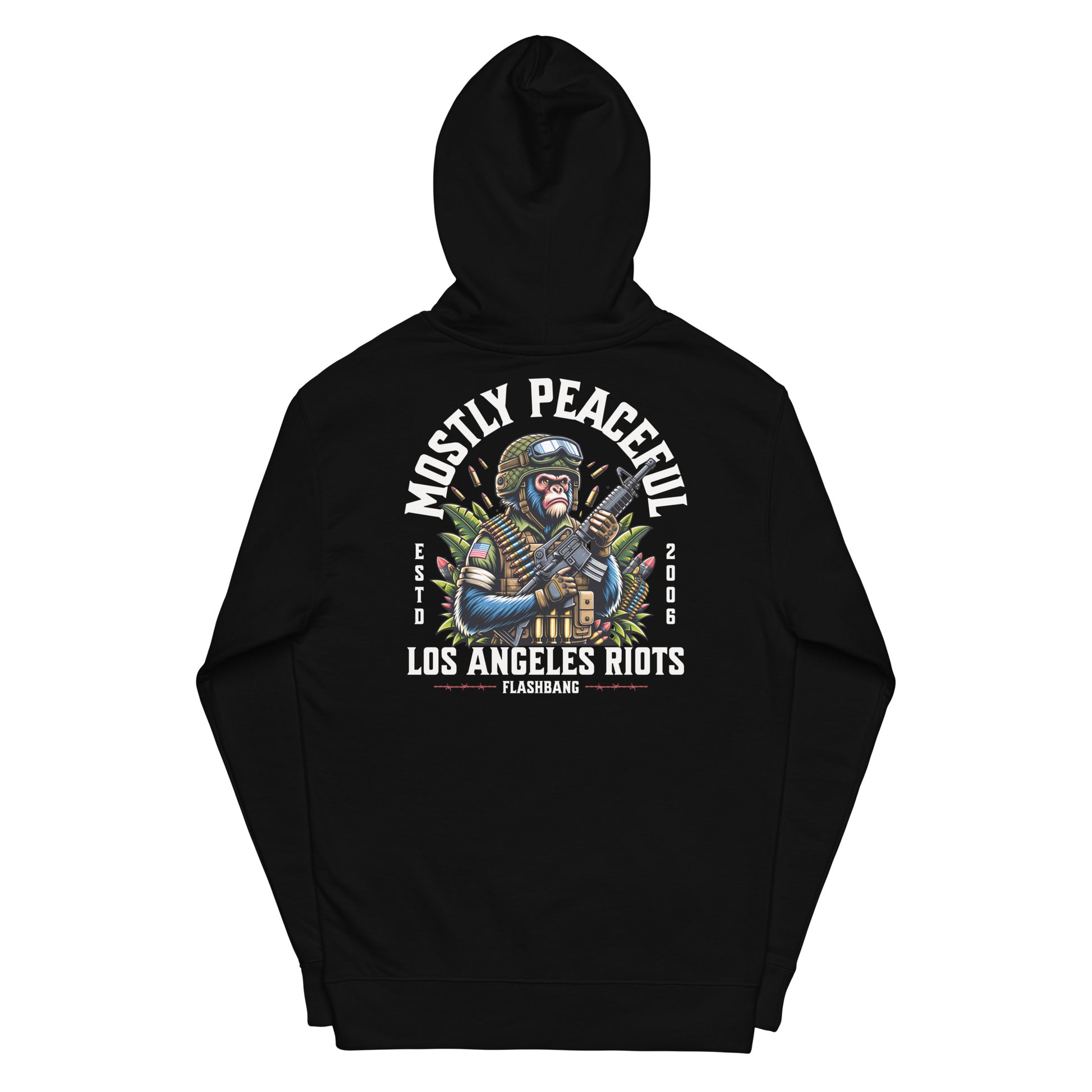 Black hoodie with graphic design on the back on a white background