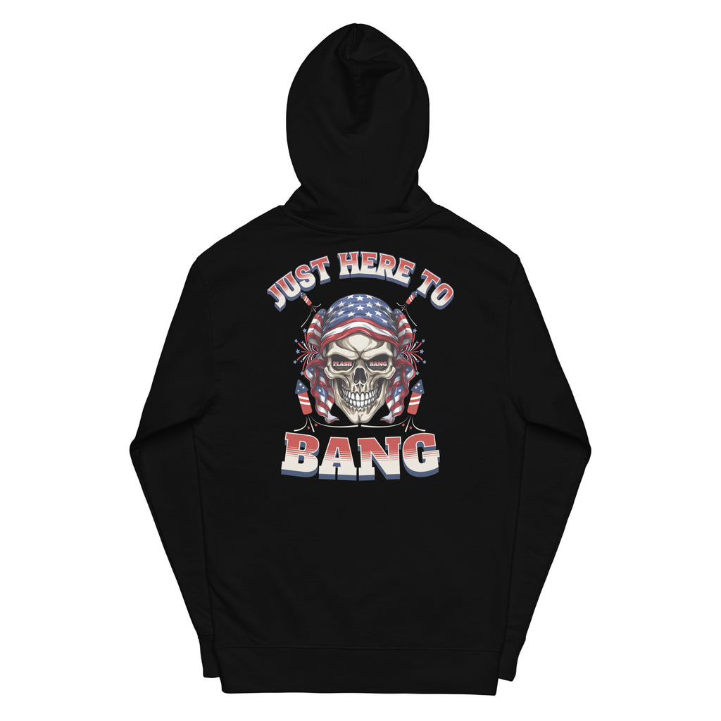 Black hoodie with a skull design and text on the back against a white background