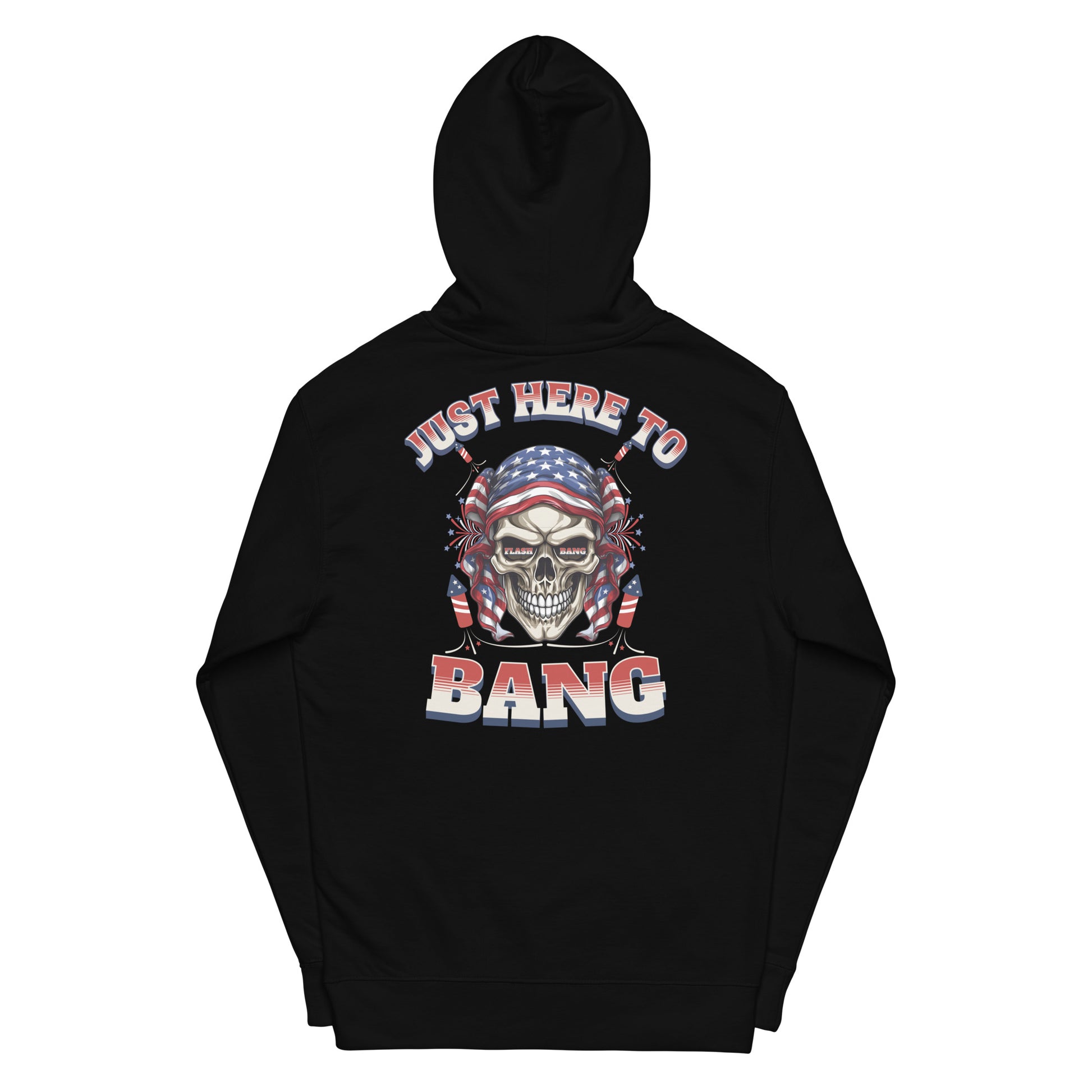 Black hoodie with a skull design and text on the back against a white background