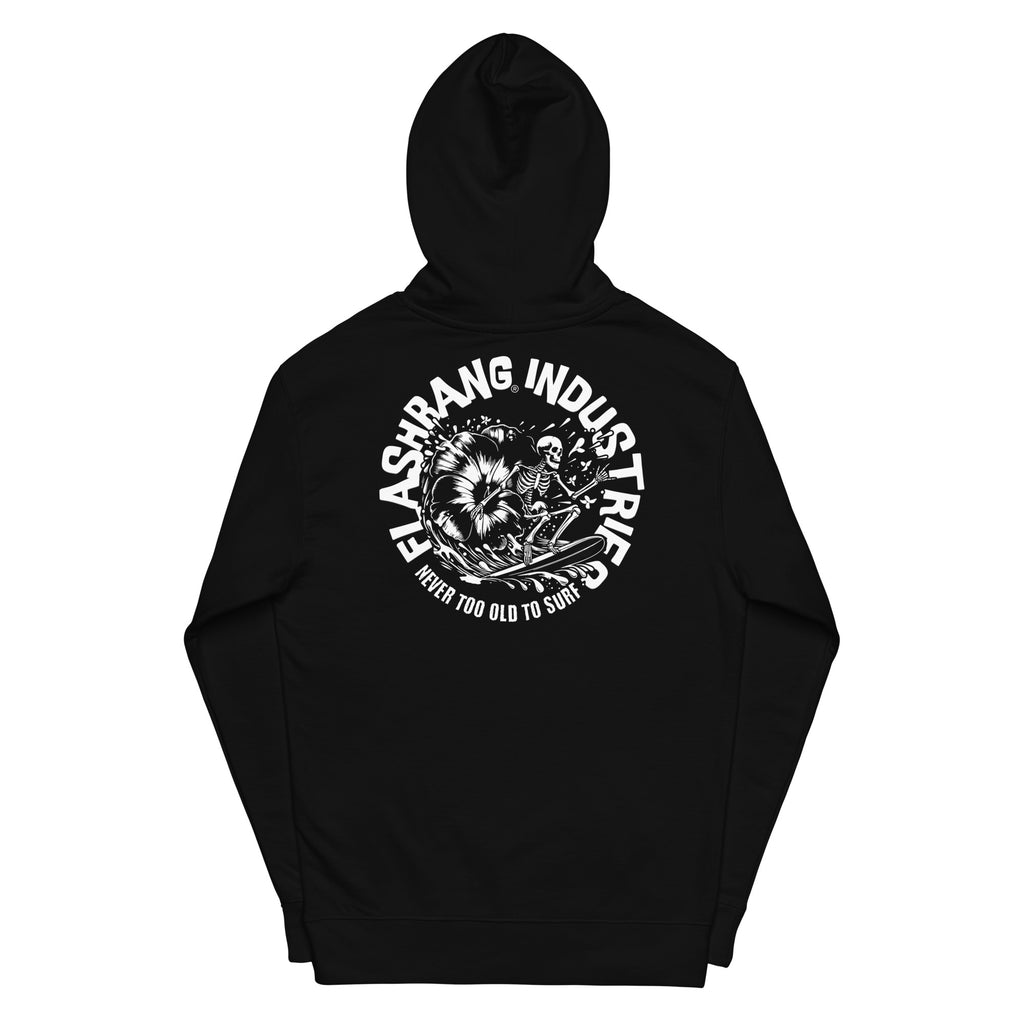 Black hoodie with white graphic and text on a white background