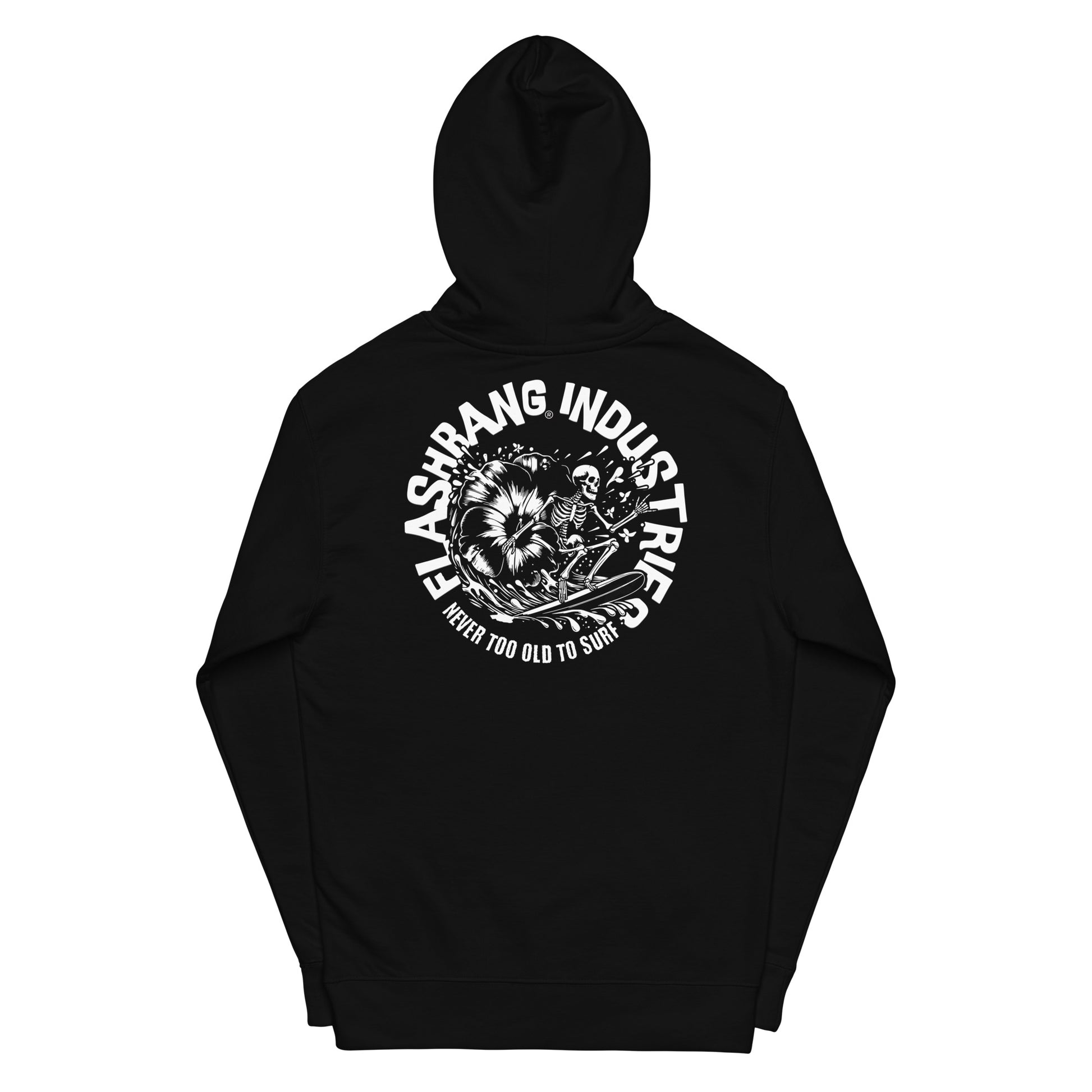 Black hoodie with white graphic and text on a white background