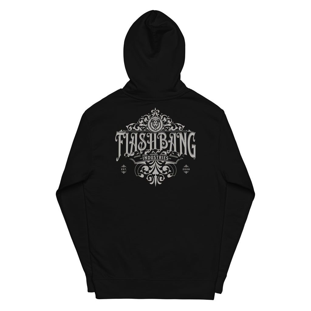 Black hoodie with 'Flashbang Industries' logo on the back against a white background