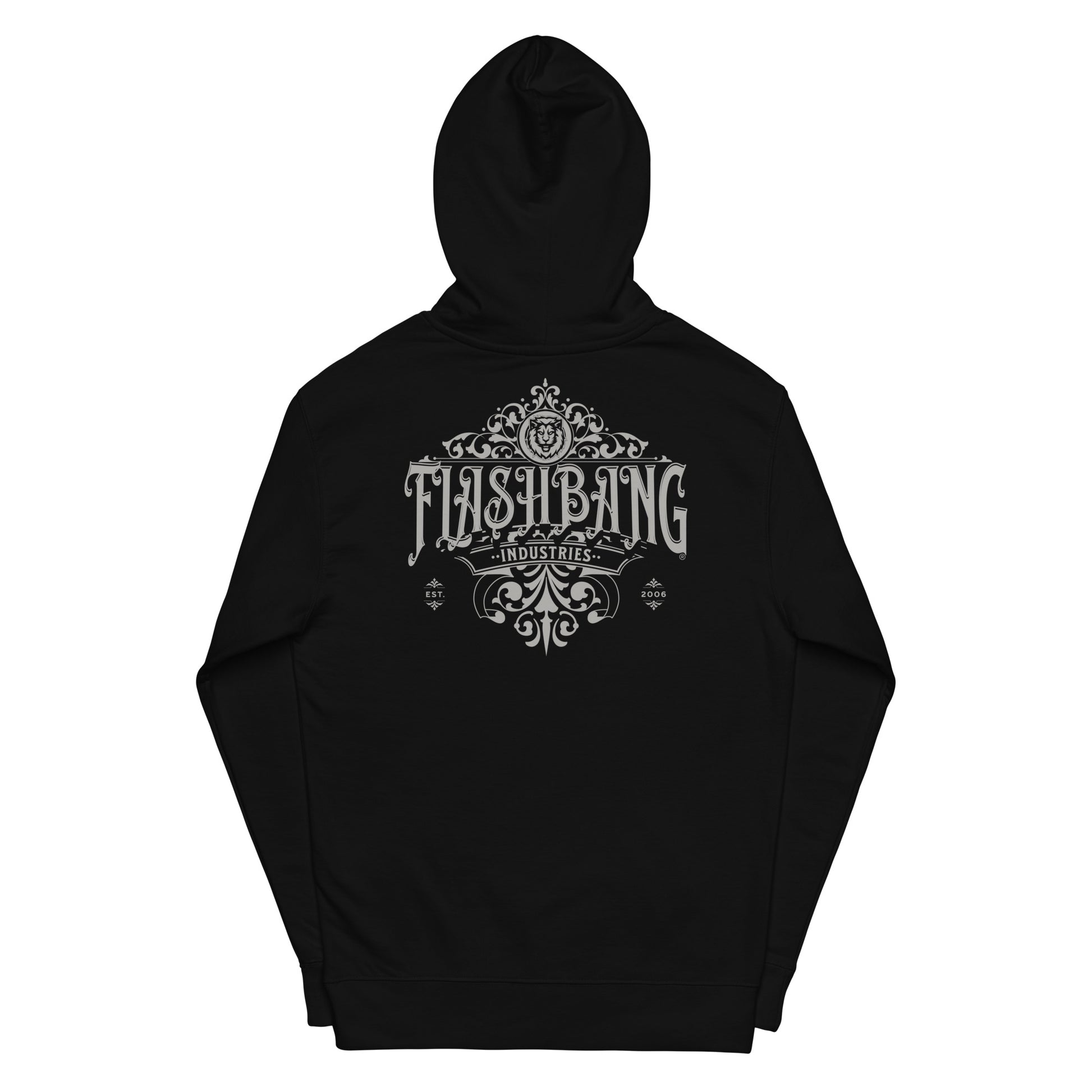 Black hoodie with 'Flashbang Industries' logo on the back against a white background