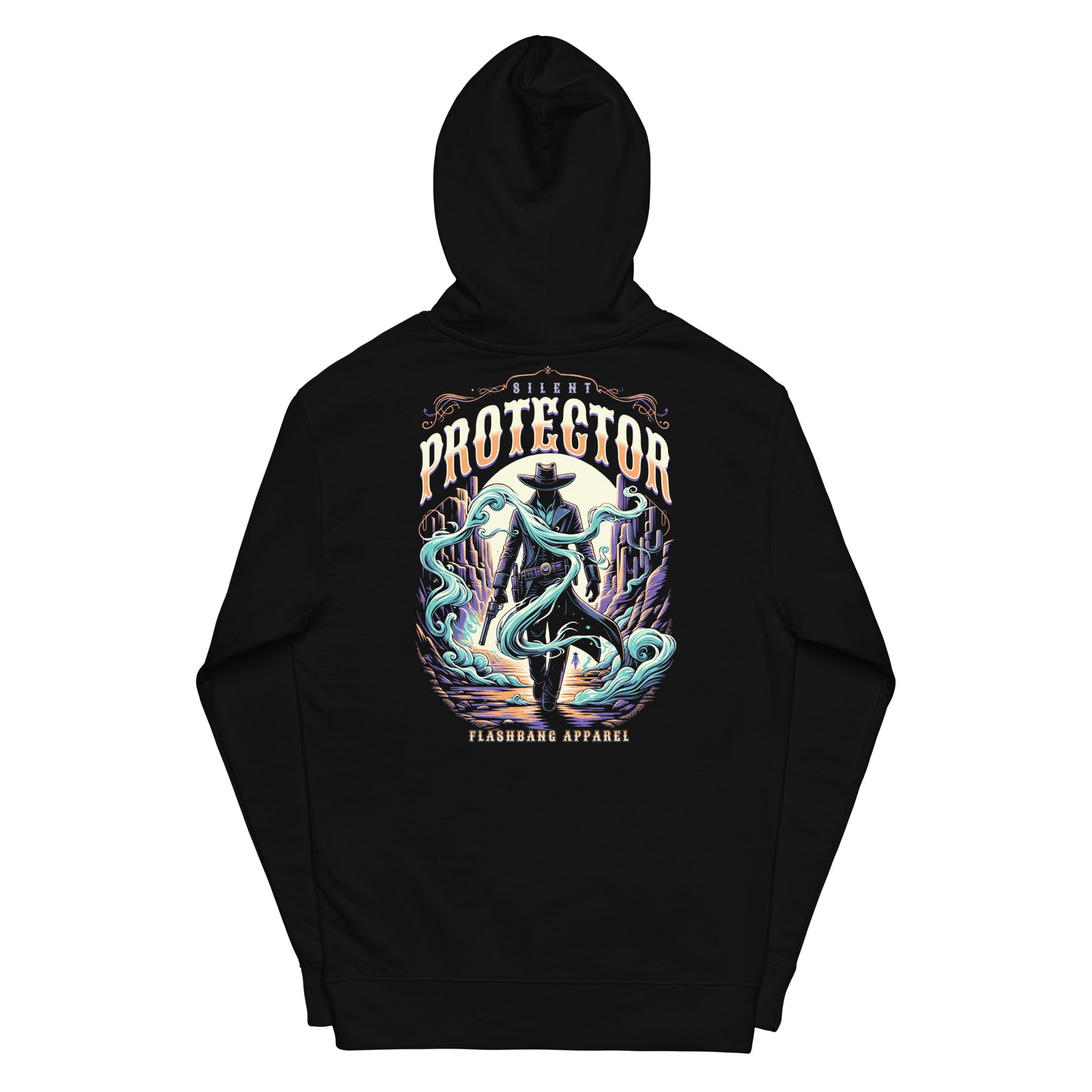Black hoodie with a colorful graphic design on the back against a white background