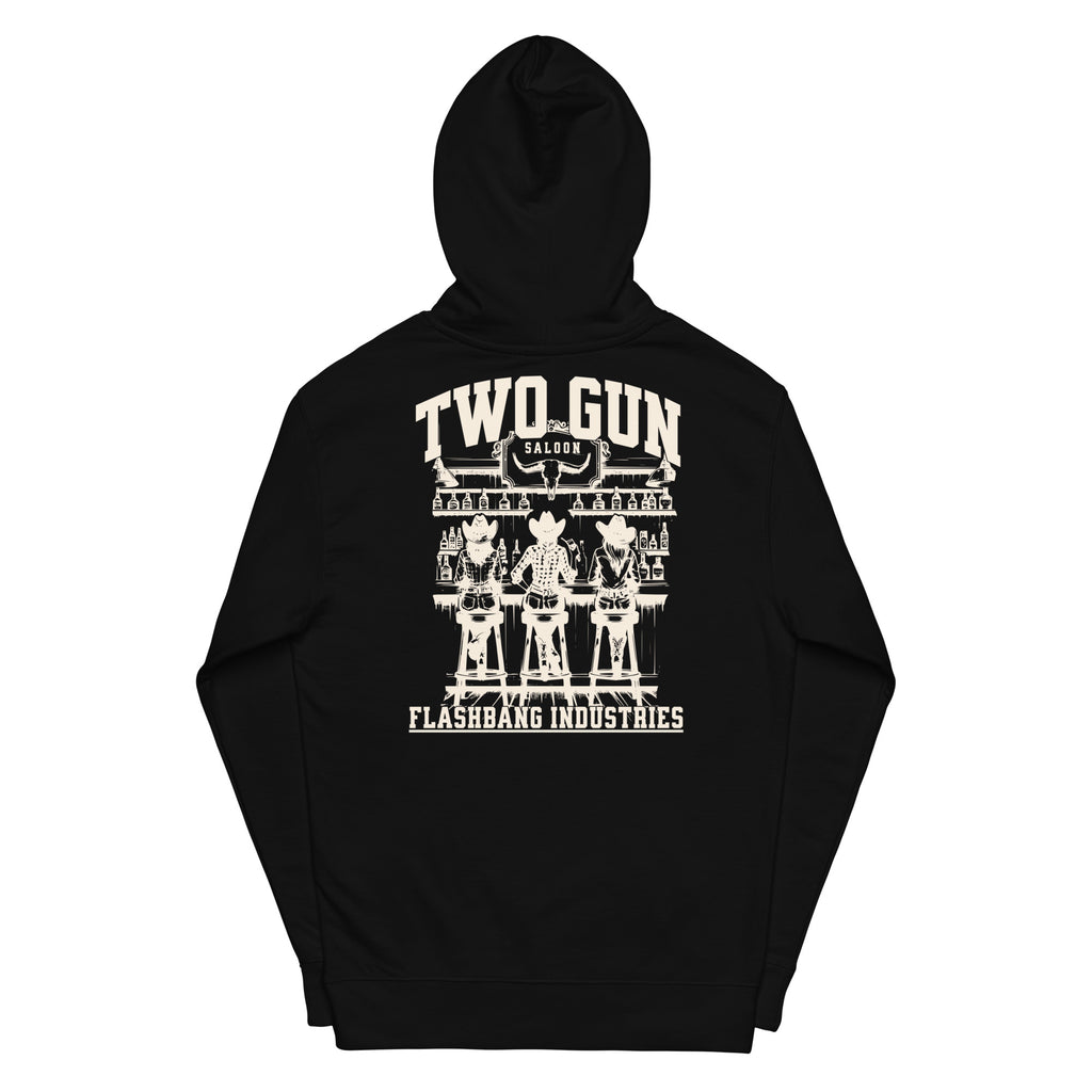 Black hoodie with 'Two Gun' and 'Flashbang Industries' graphic on the back against a white background