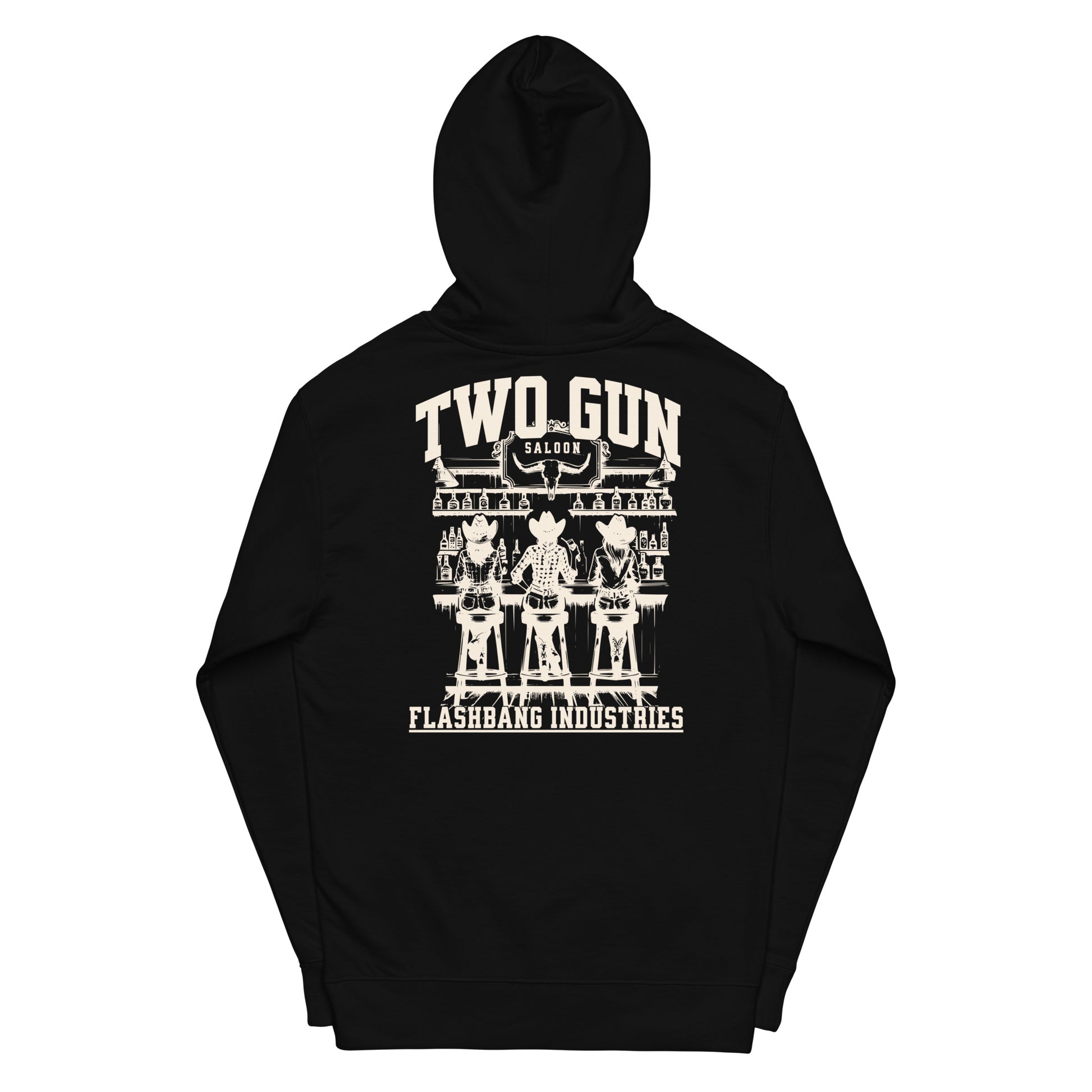 Black hoodie with 'Two Gun' and 'Flashbang Industries' graphic on the back against a white background