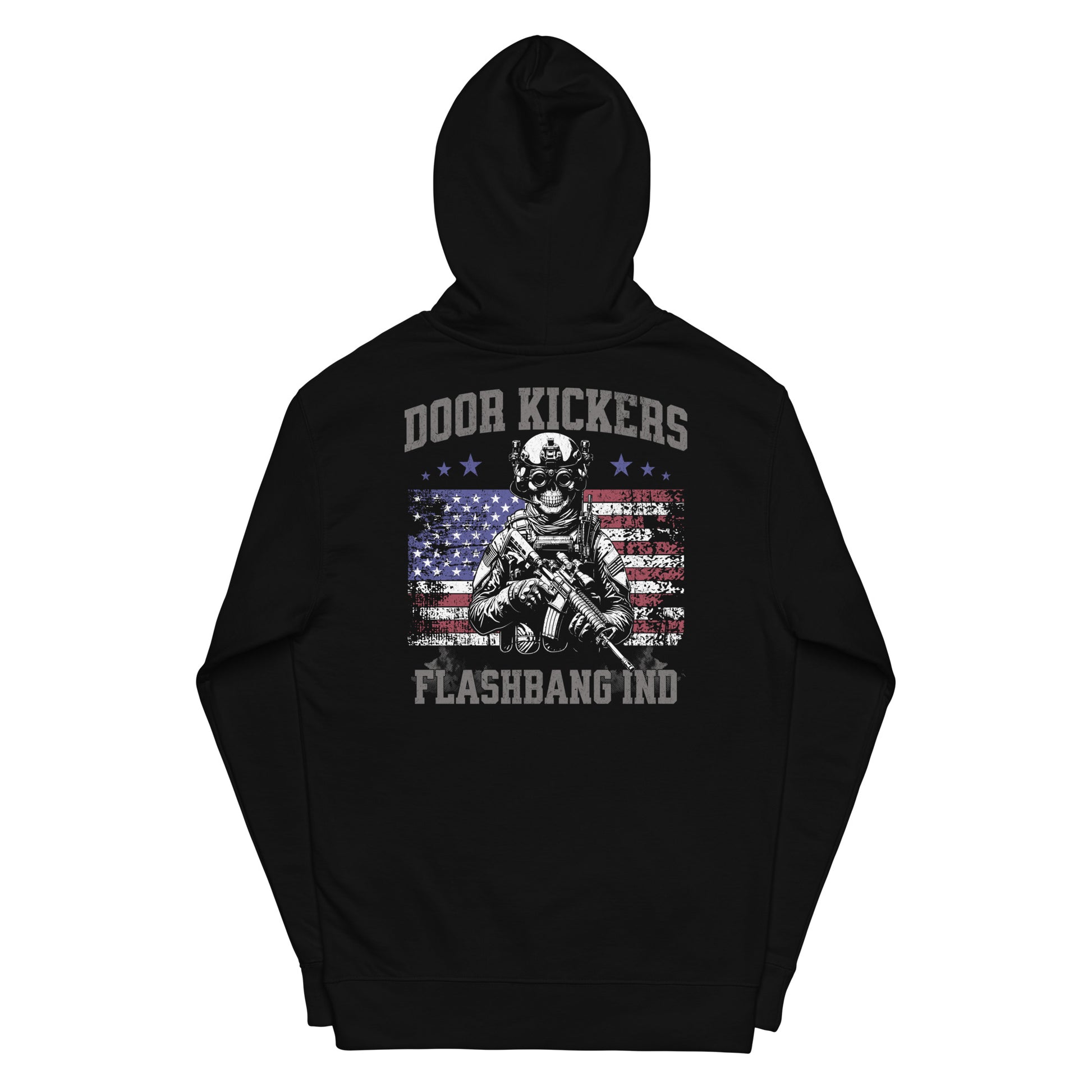 Black hoodie with 'Door Kickers Flashbang Ind' design on the back against a white background