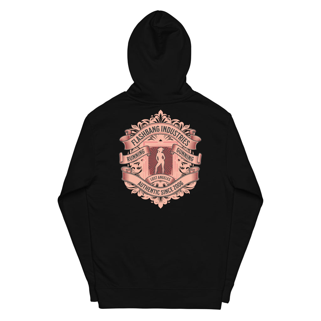 Black hoodie with a pink graphic design on the back against a white background