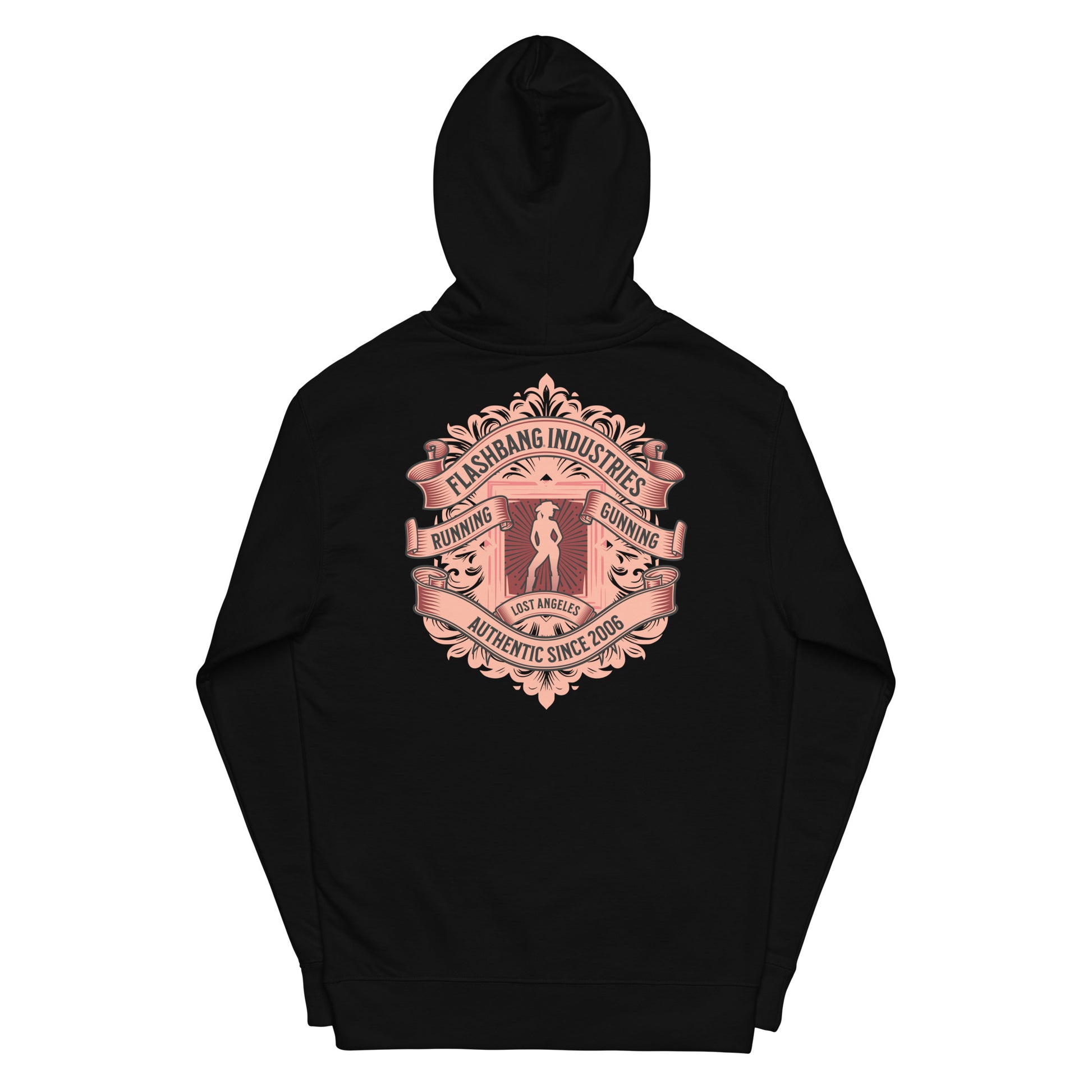 Black hoodie with a pink graphic design on the back against a white background