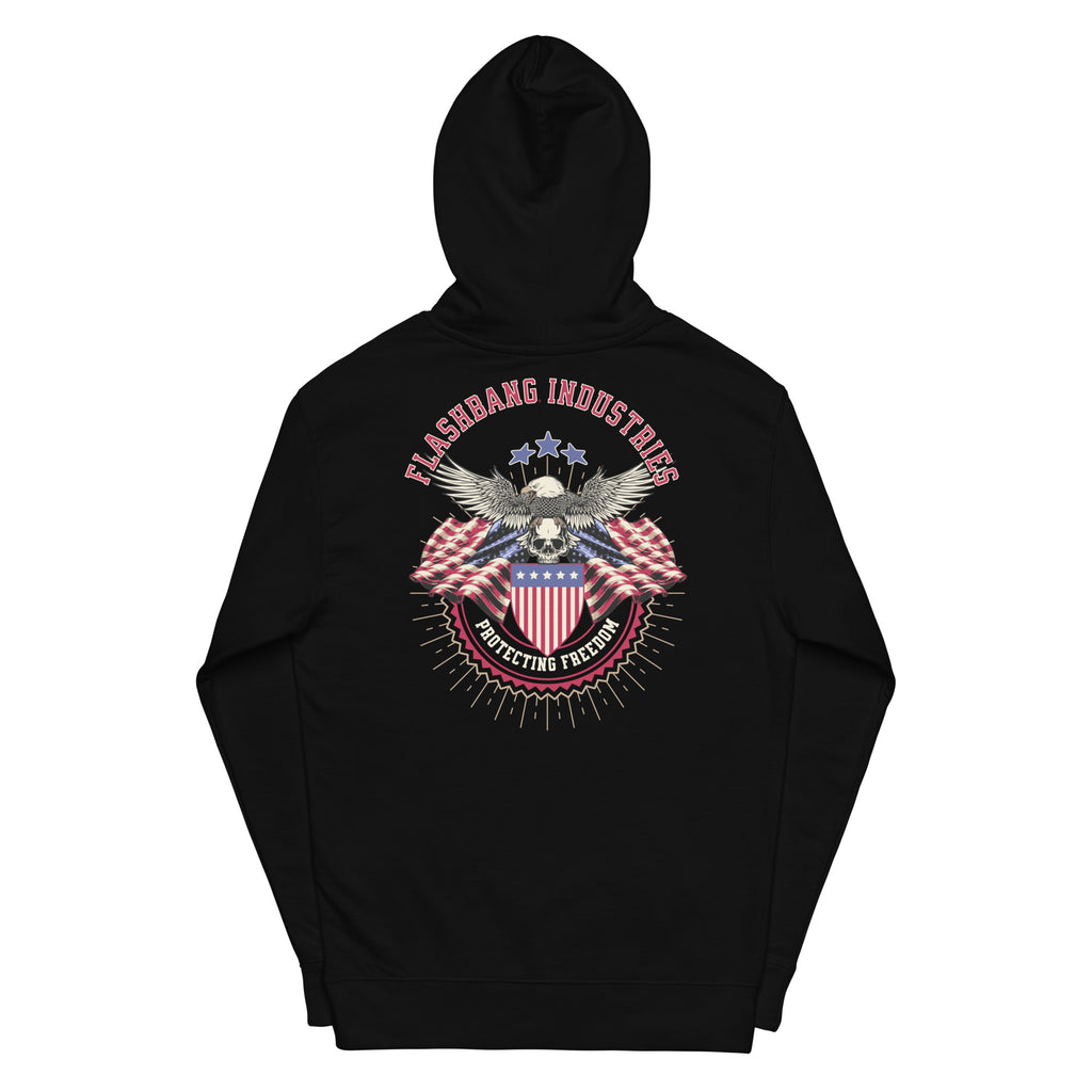 Black hoodie with a patriotic design on the back against a white background