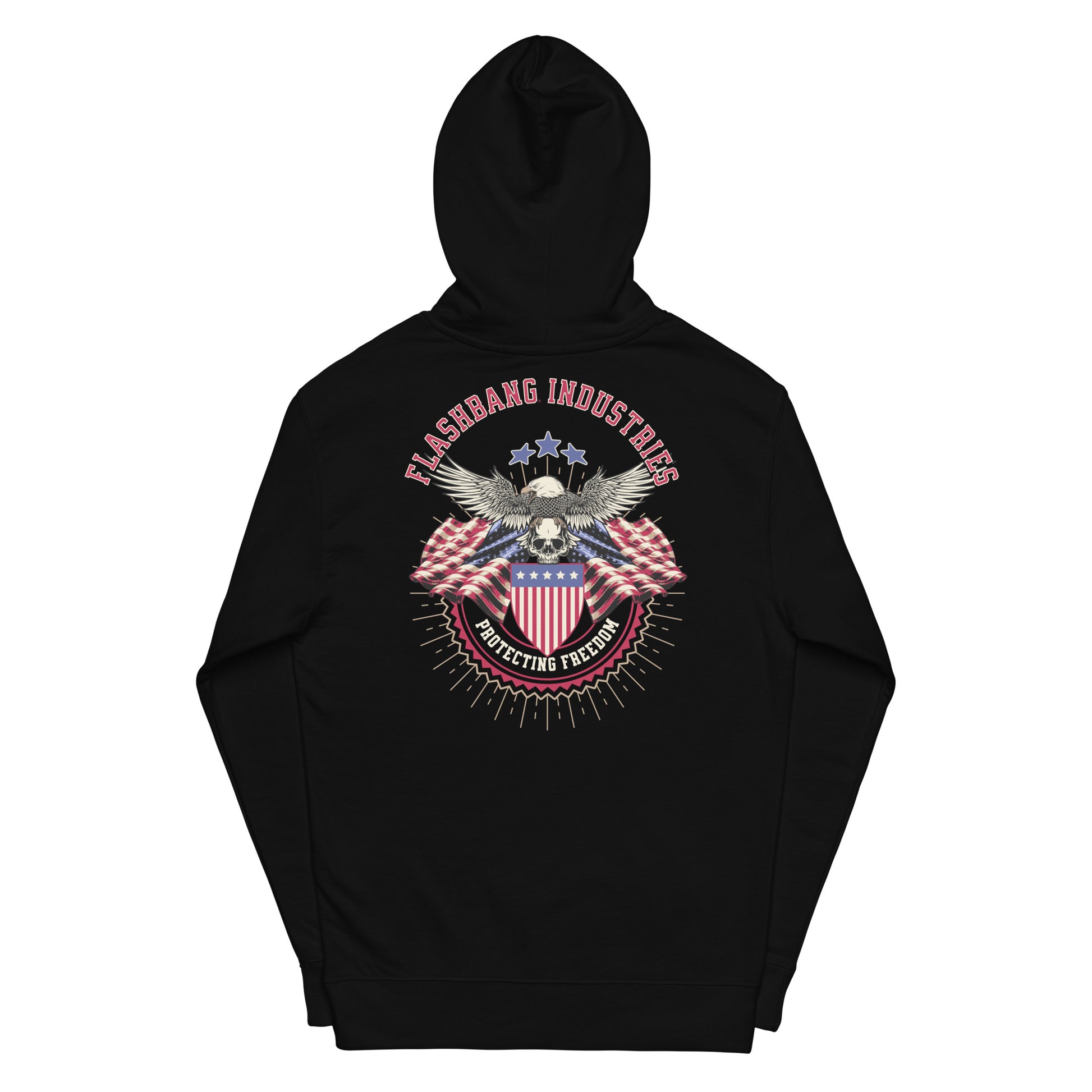 Black hoodie with a patriotic design on the back against a white background