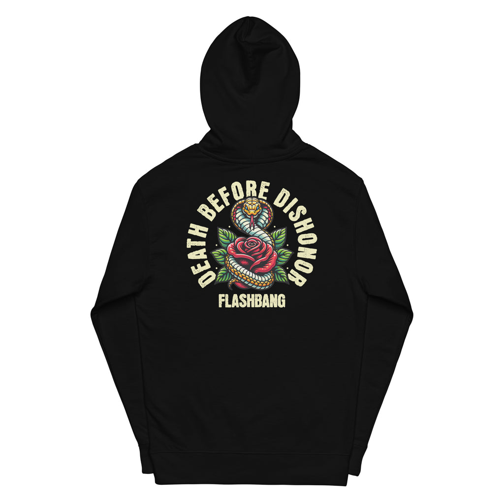 Black hoodie with a colorful graphic design on the back on a white background