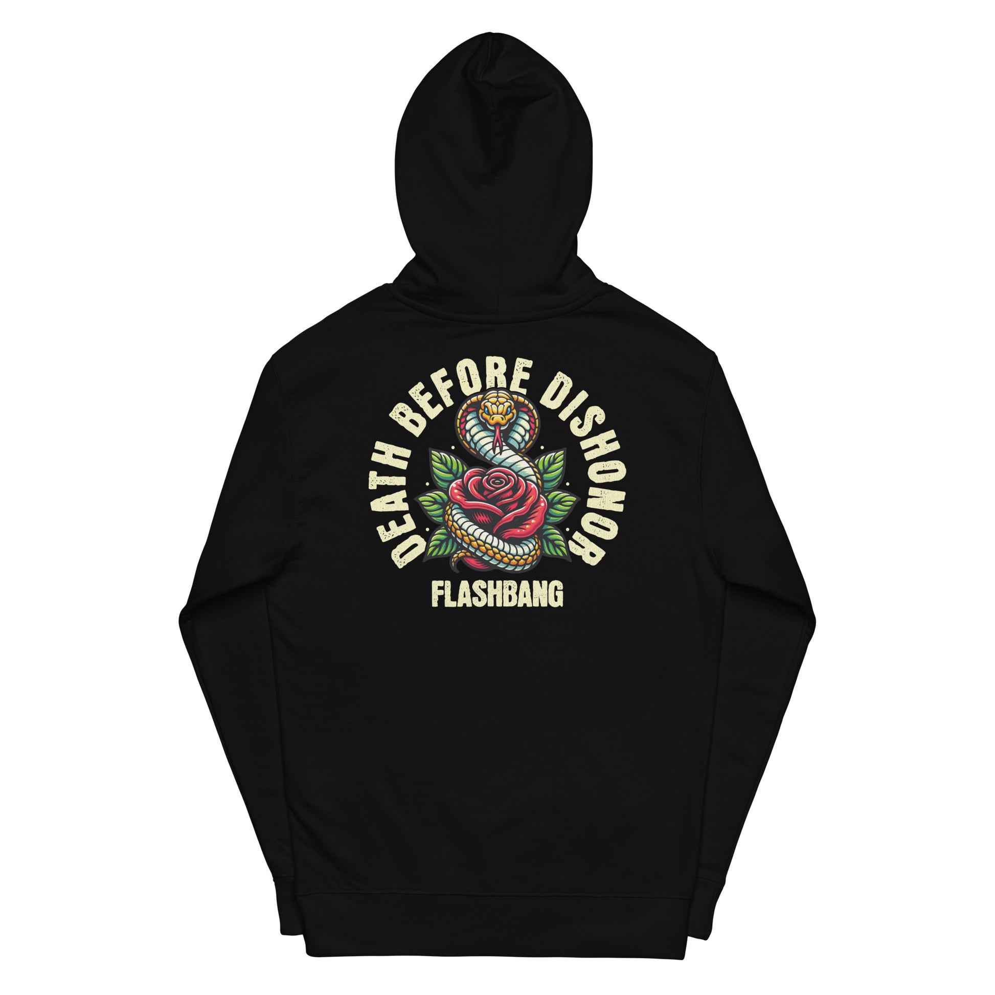 Black hoodie with a colorful graphic design on the back on a white background