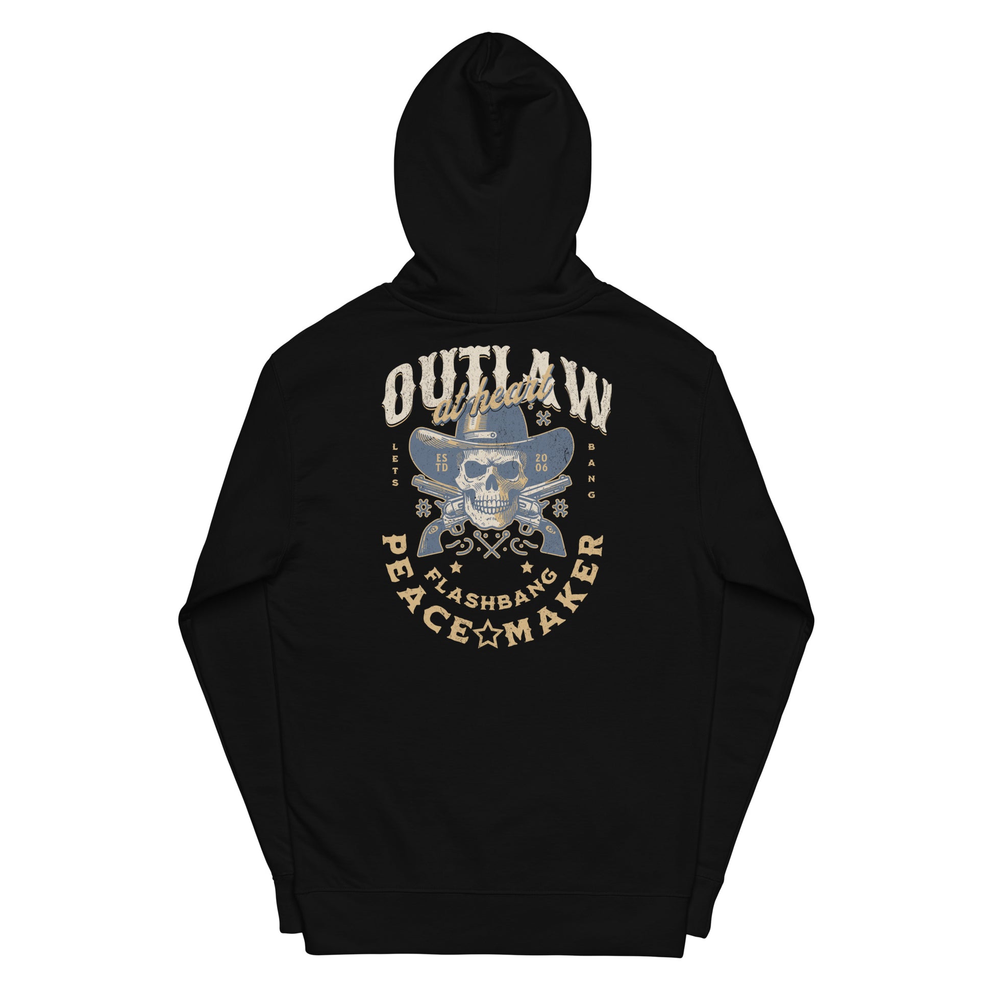 Black hoodie with a skull and crossbones design on the back, featuring text 'Outlaw Peace Maker'.