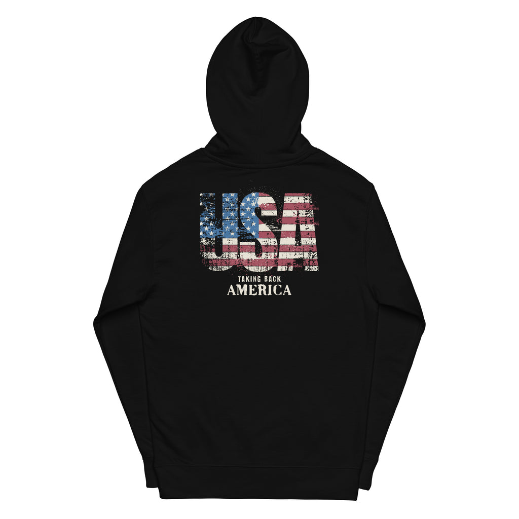 Black hoodie with 'USA Taking Back America' text and design on the back against a white background