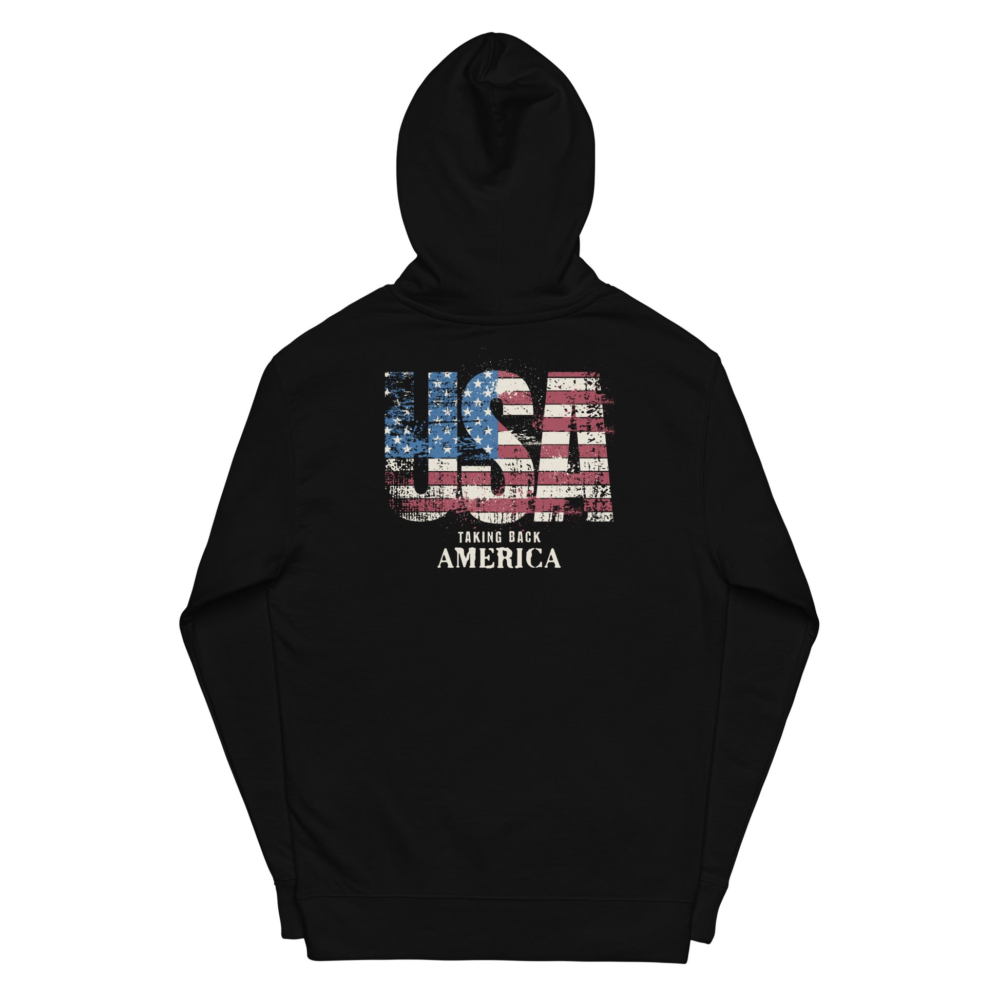 Black hoodie with 'USA Taking Back America' text and design on the back against a white background