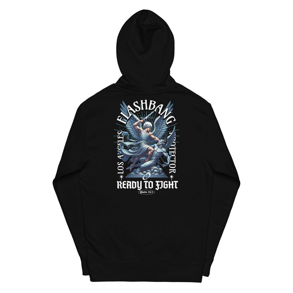 Black hoodie with graphic design on the back featuring text and an angelic figure.