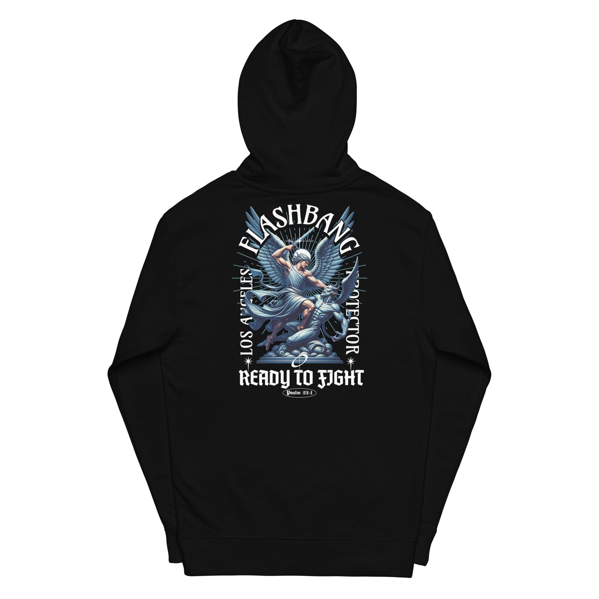 Black hoodie with graphic design on the back featuring text and an angelic figure.