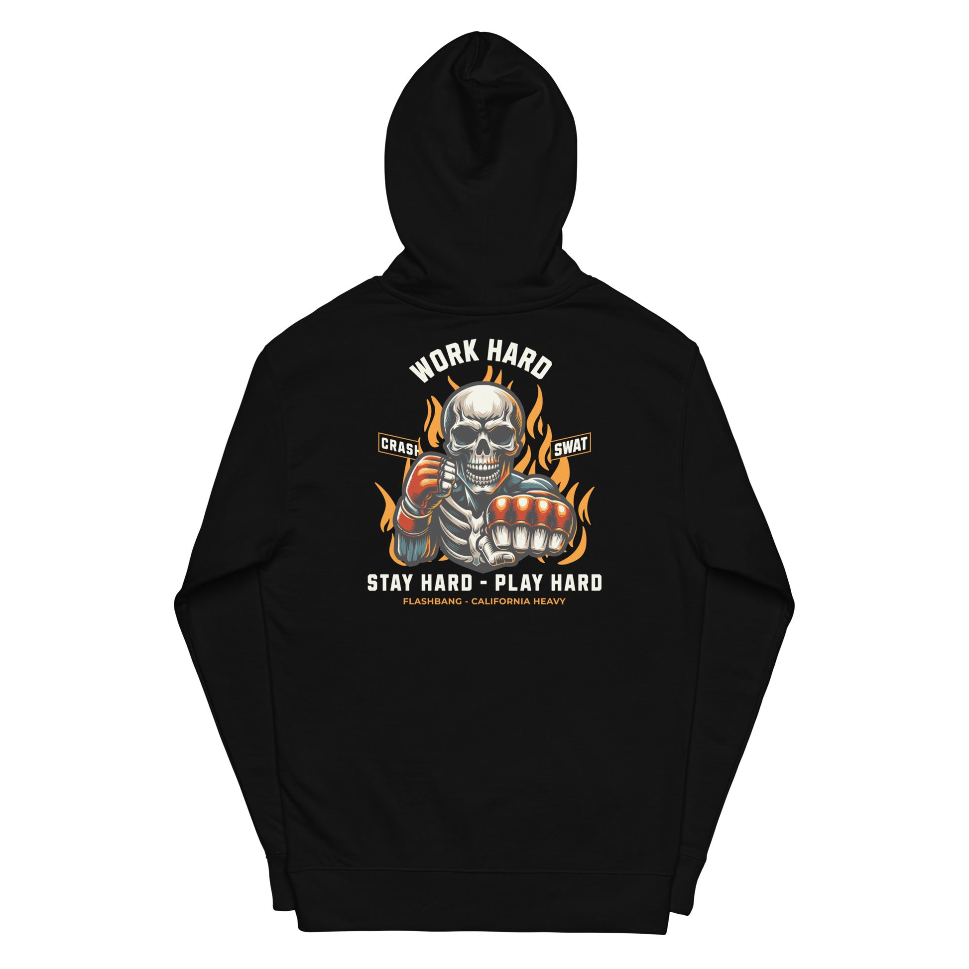 Black hoodie with a skull graphic and text on the back against a white background