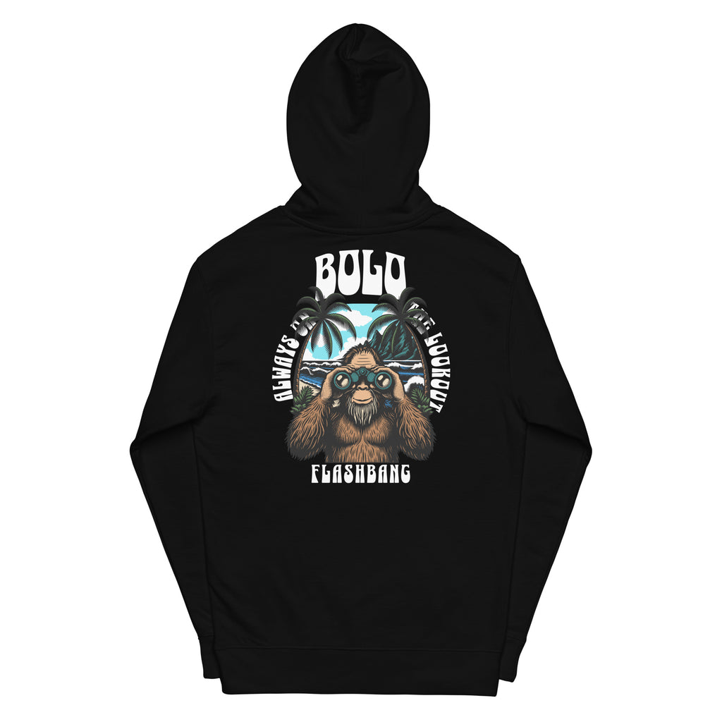 Black hoodie with a bear graphic and text on the back against a white background