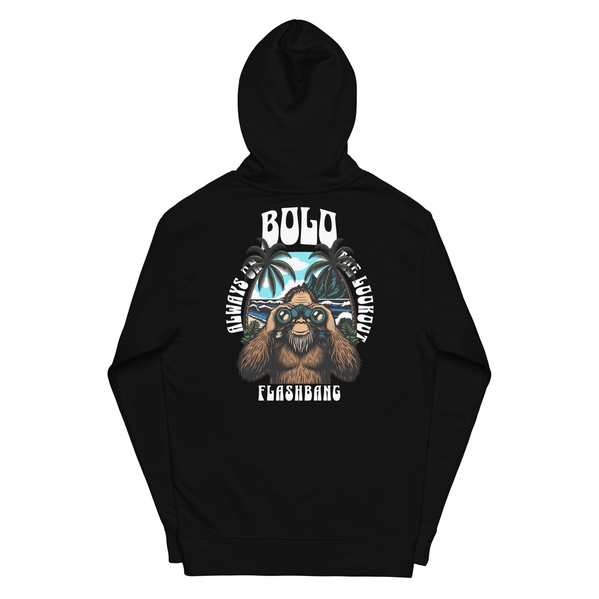 Black hoodie with a bear graphic and text on the back against a white background