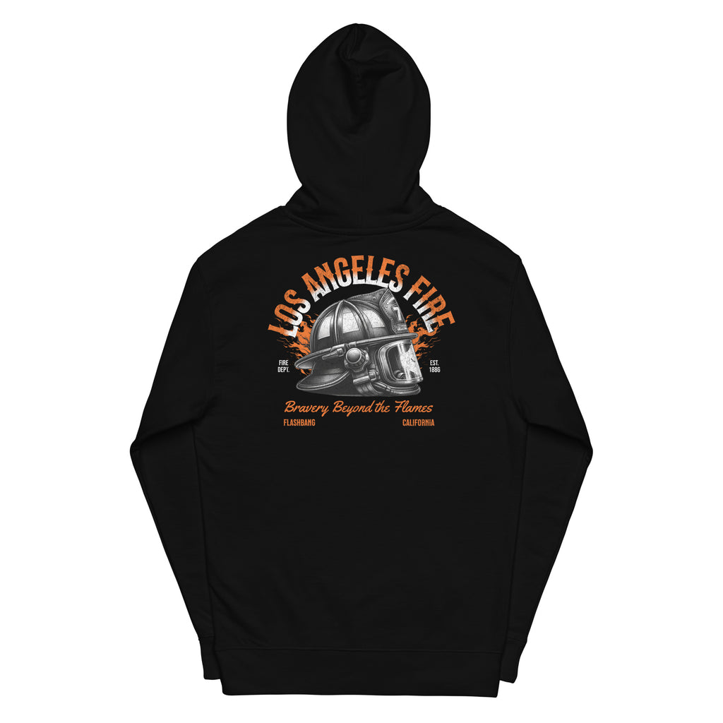 Black hoodie with 'Los Angeles Fire' graphic on a white background