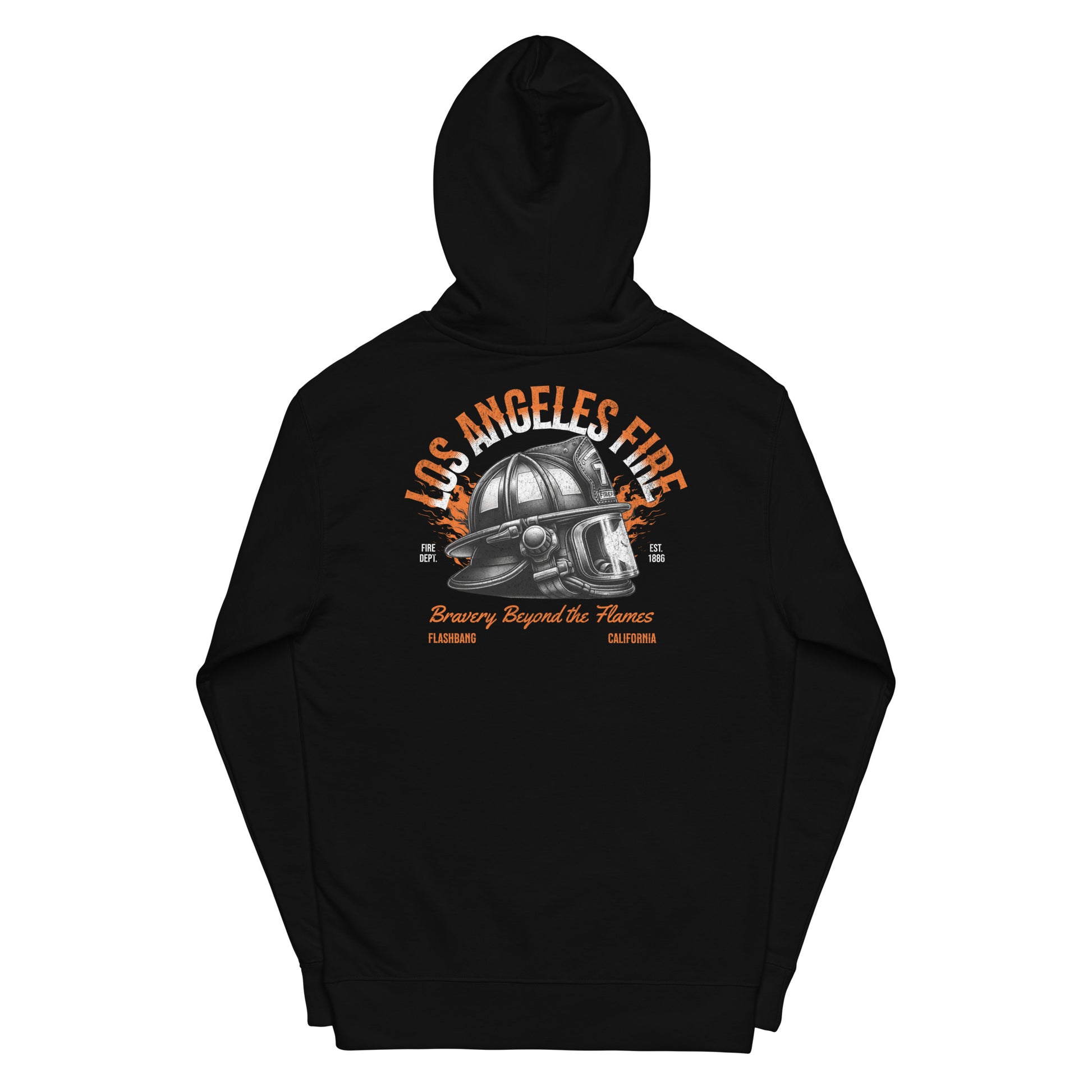Black hoodie with 'Los Angeles Fire' graphic on a white background